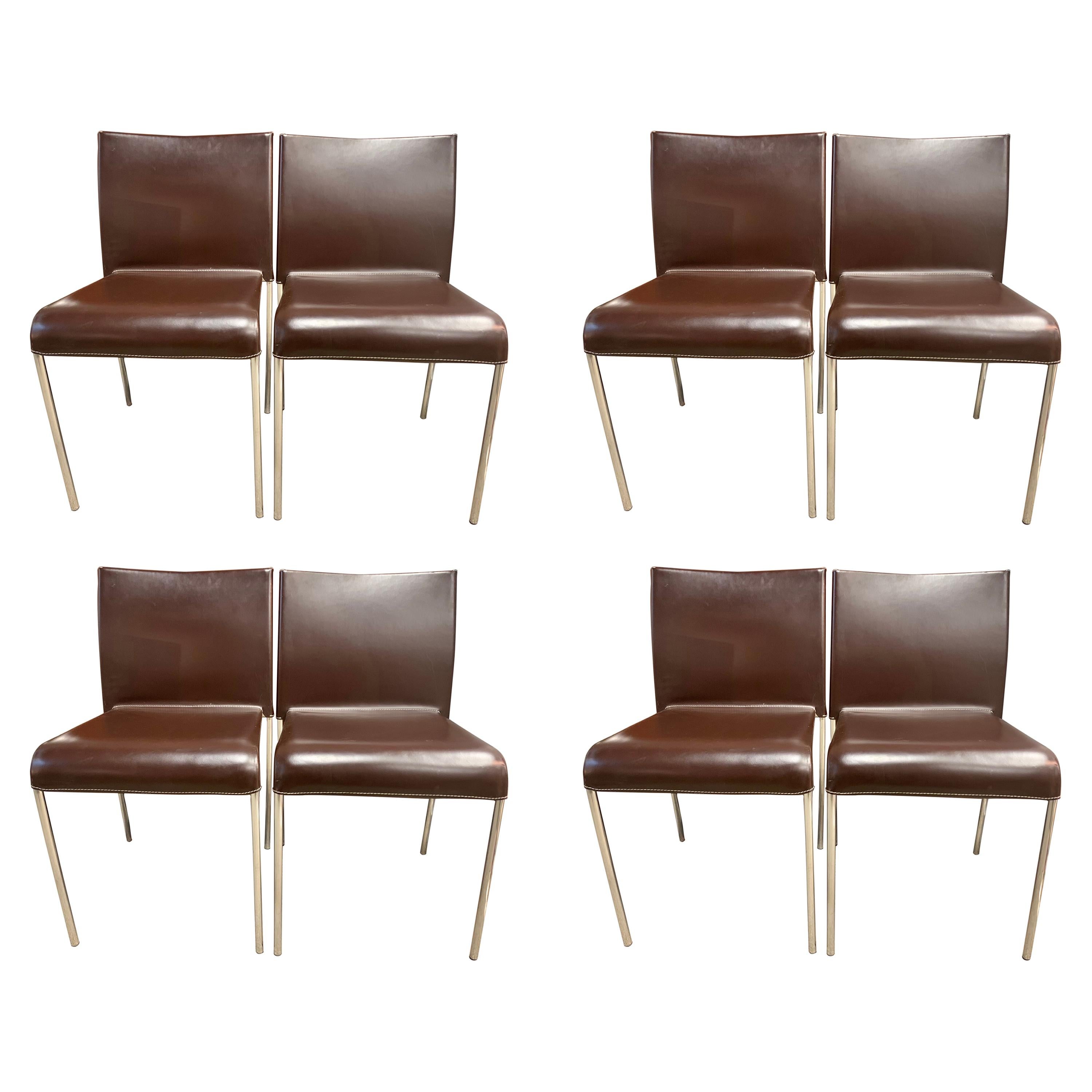 Set of Eight Potocco Italy Italian Brown Leather Dining Chairs