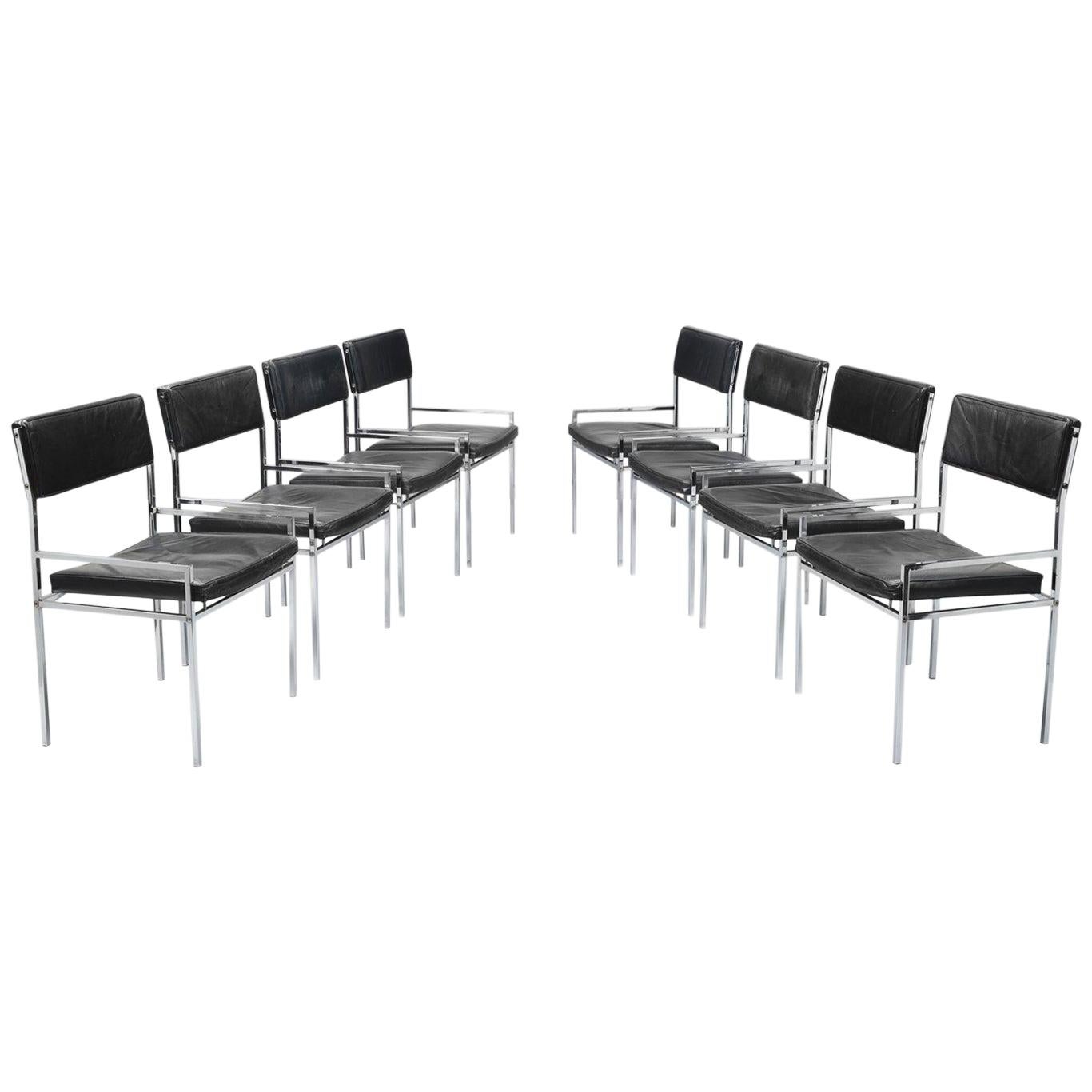 Set of Eight Poul Nørreklit Armchairs in Leather and Steel