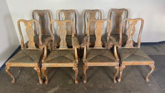 Set of Eight Queen Anne Dining Chairs, Carved Wood, Distressed Finish