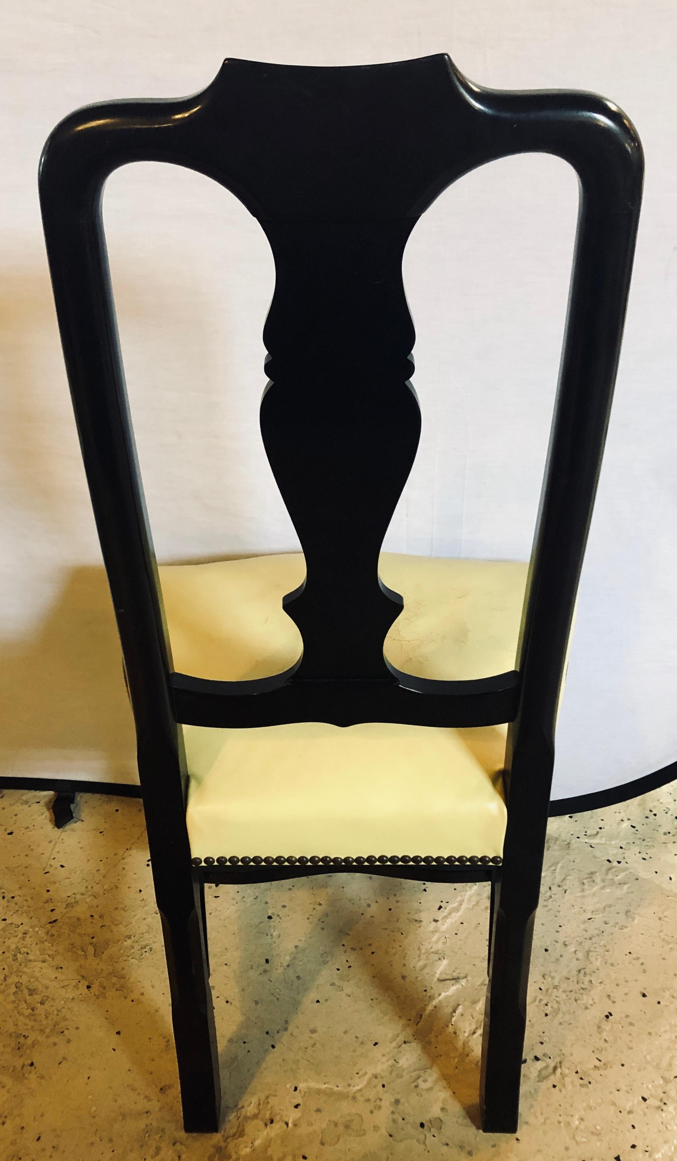 Set of Eight Queen Anne Style Ebonized and Gilt Decorated Dining Chairs For Sale 1