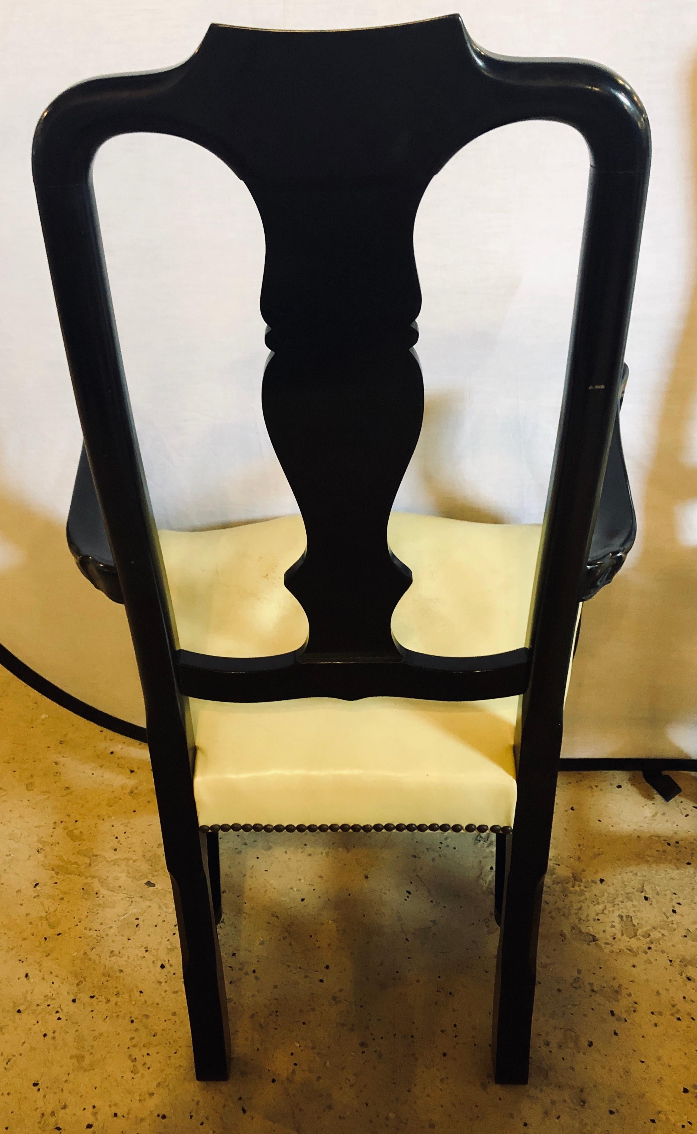 Set of Eight Queen Anne Style Ebonized and Gilt Decorated Dining Chairs For Sale 2
