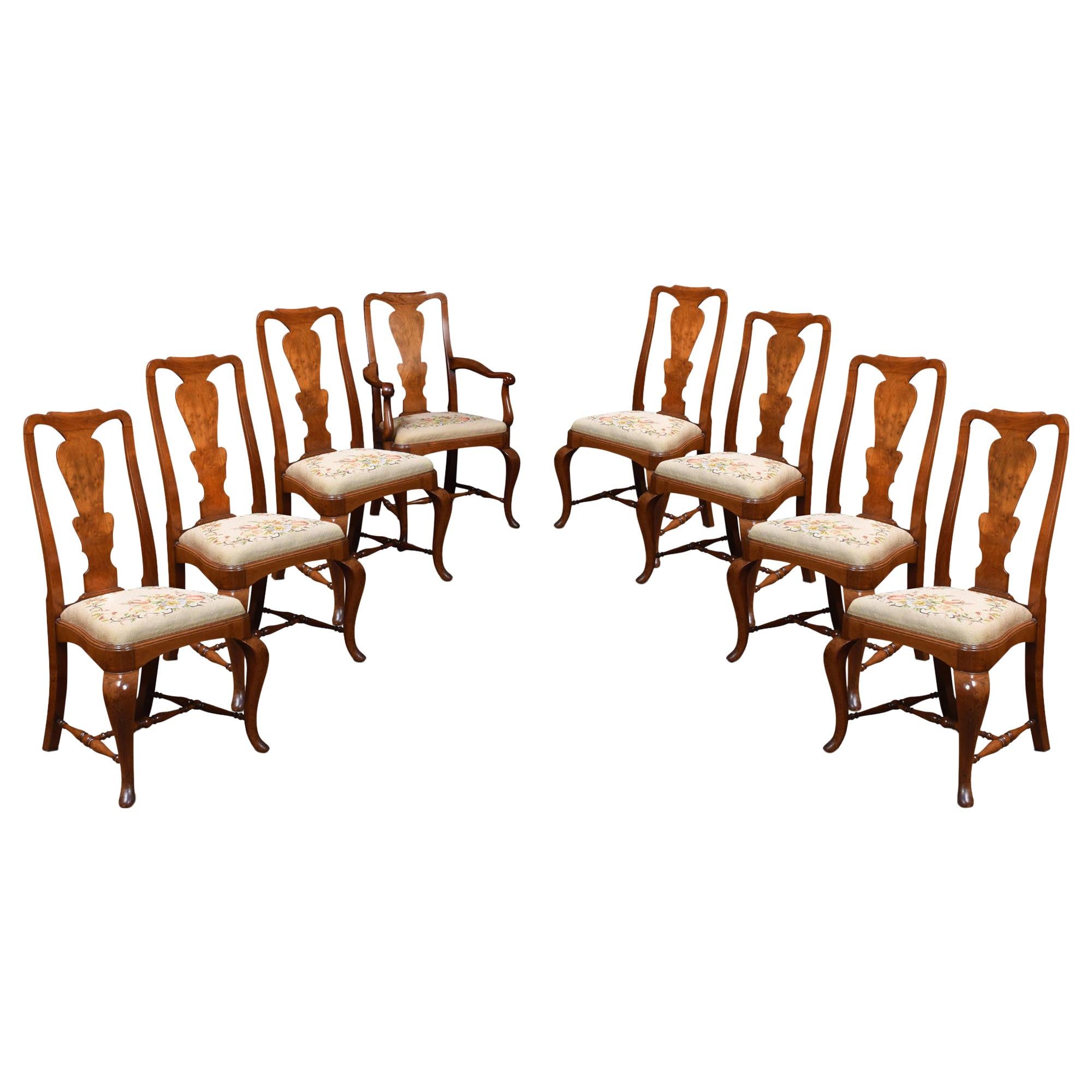 Set of Eight Queen Anne High Back Dining Chairs