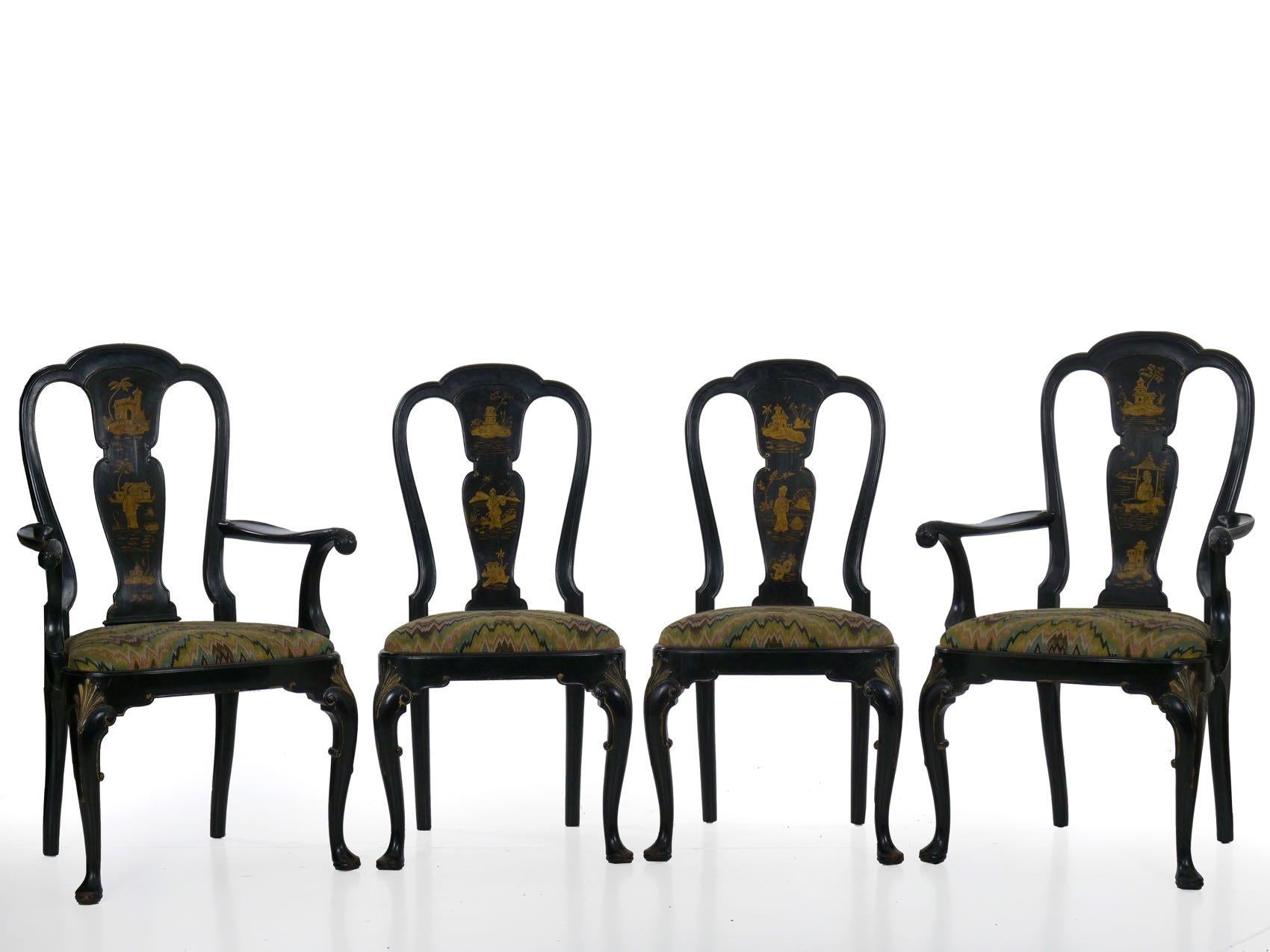 Set of 8 Queen Anne Style Black Lacquer Chinoiserie Dining Chairs 4