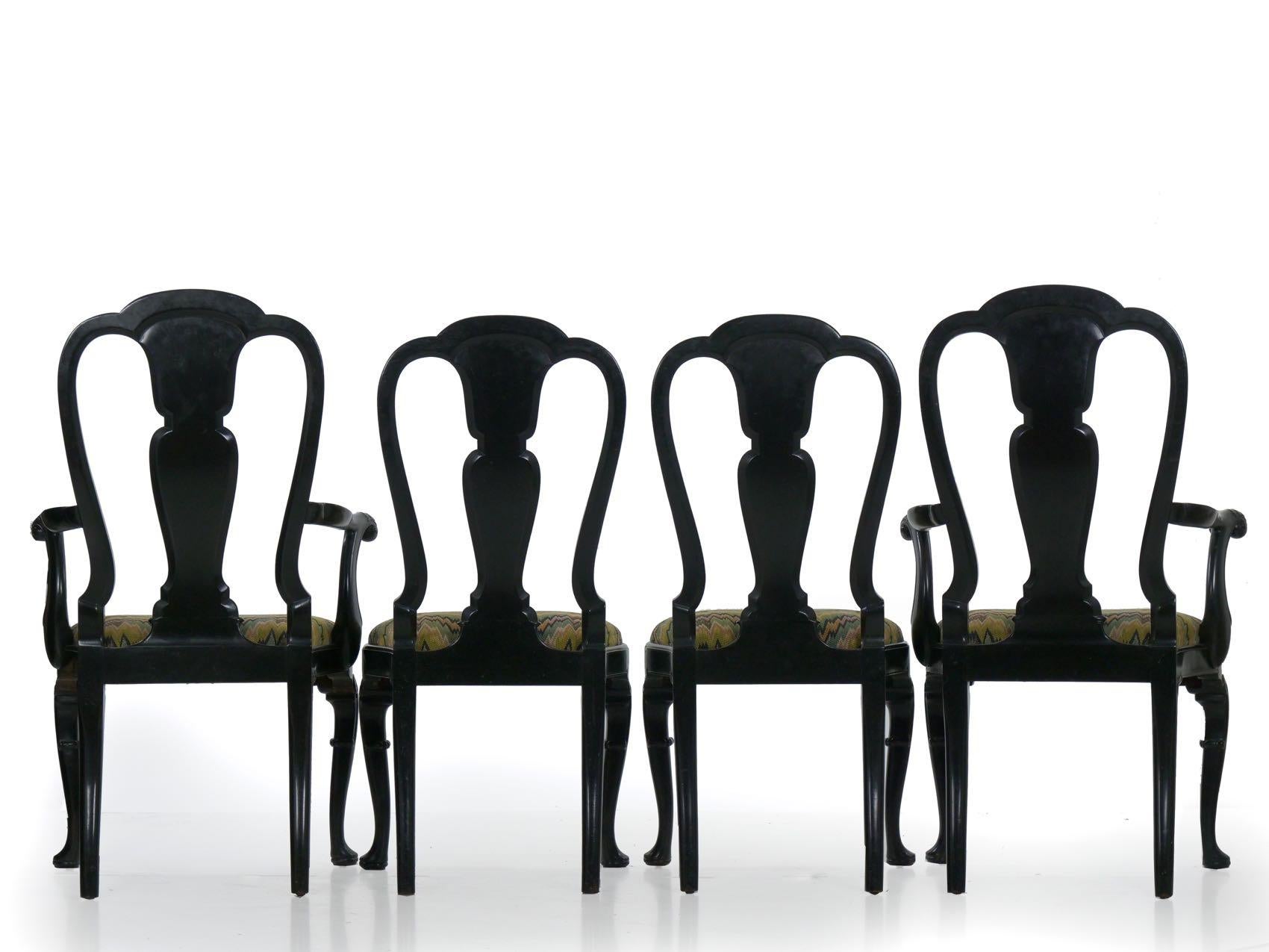 Set of 8 Queen Anne Style Black Lacquer Chinoiserie Dining Chairs 6