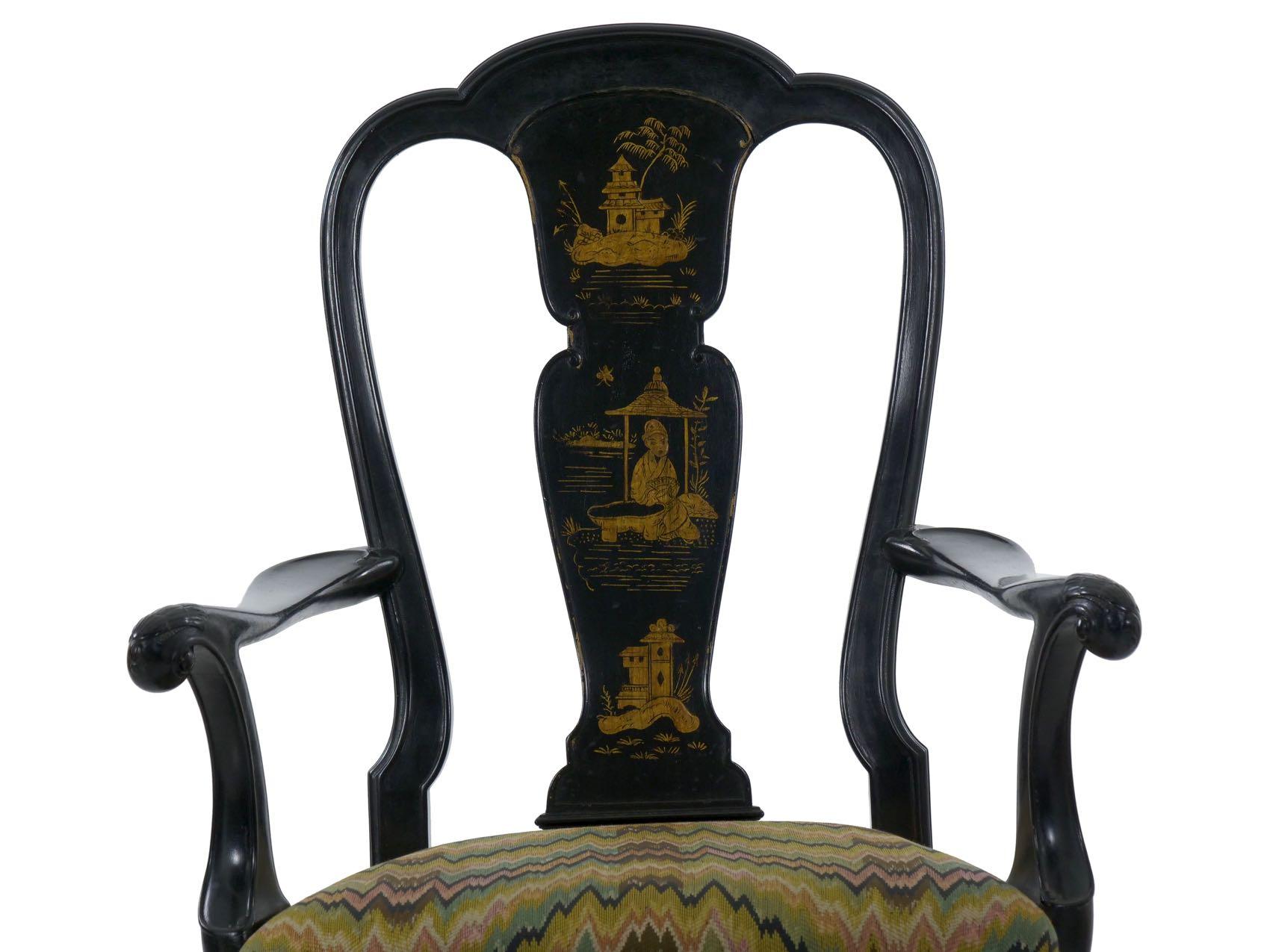Set of 8 Queen Anne Style Black Lacquer Chinoiserie Dining Chairs 8