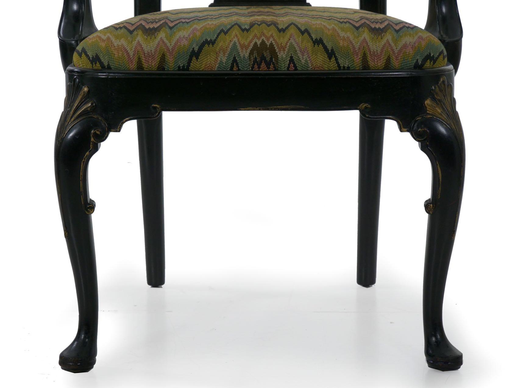 Set of 8 Queen Anne Style Black Lacquer Chinoiserie Dining Chairs 9