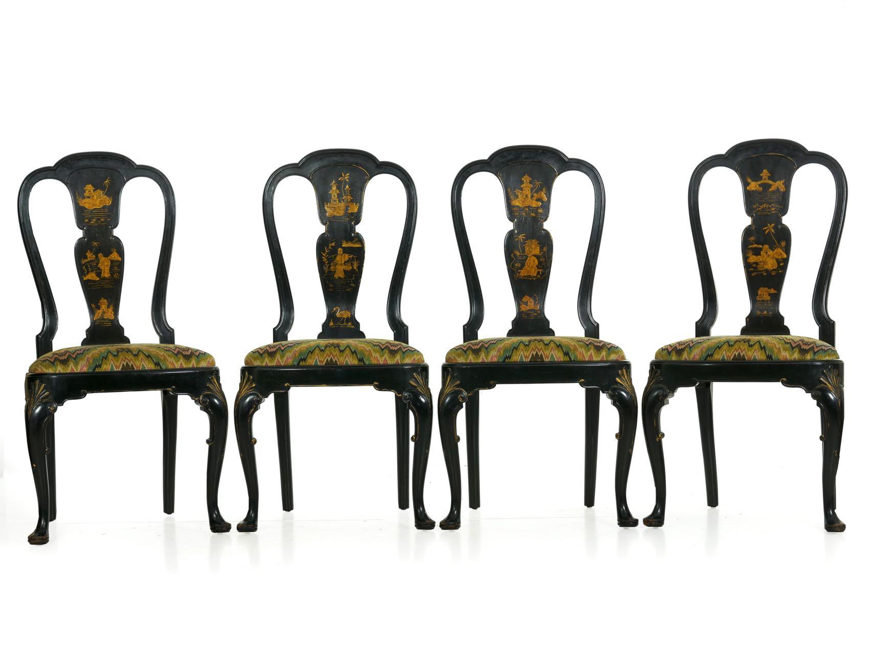 A simply superb set of eight vintage dining chairs from the first half of the 20th century, they are intricately carved and decorated in the Queen Anne or George II taste of the English originals. With delicate lines and a sinuous profile, each