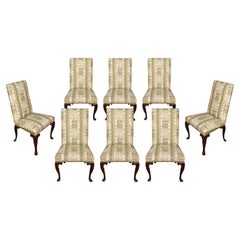 Set of Eight Queen Anne Style Dining Chairs With Green Ikat Fabric