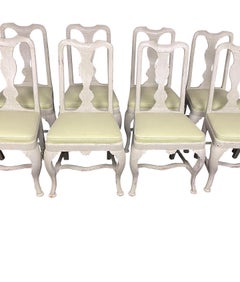 Set of Eight Queen Anne Style Pale Grey Lime Washed Dining Chairs