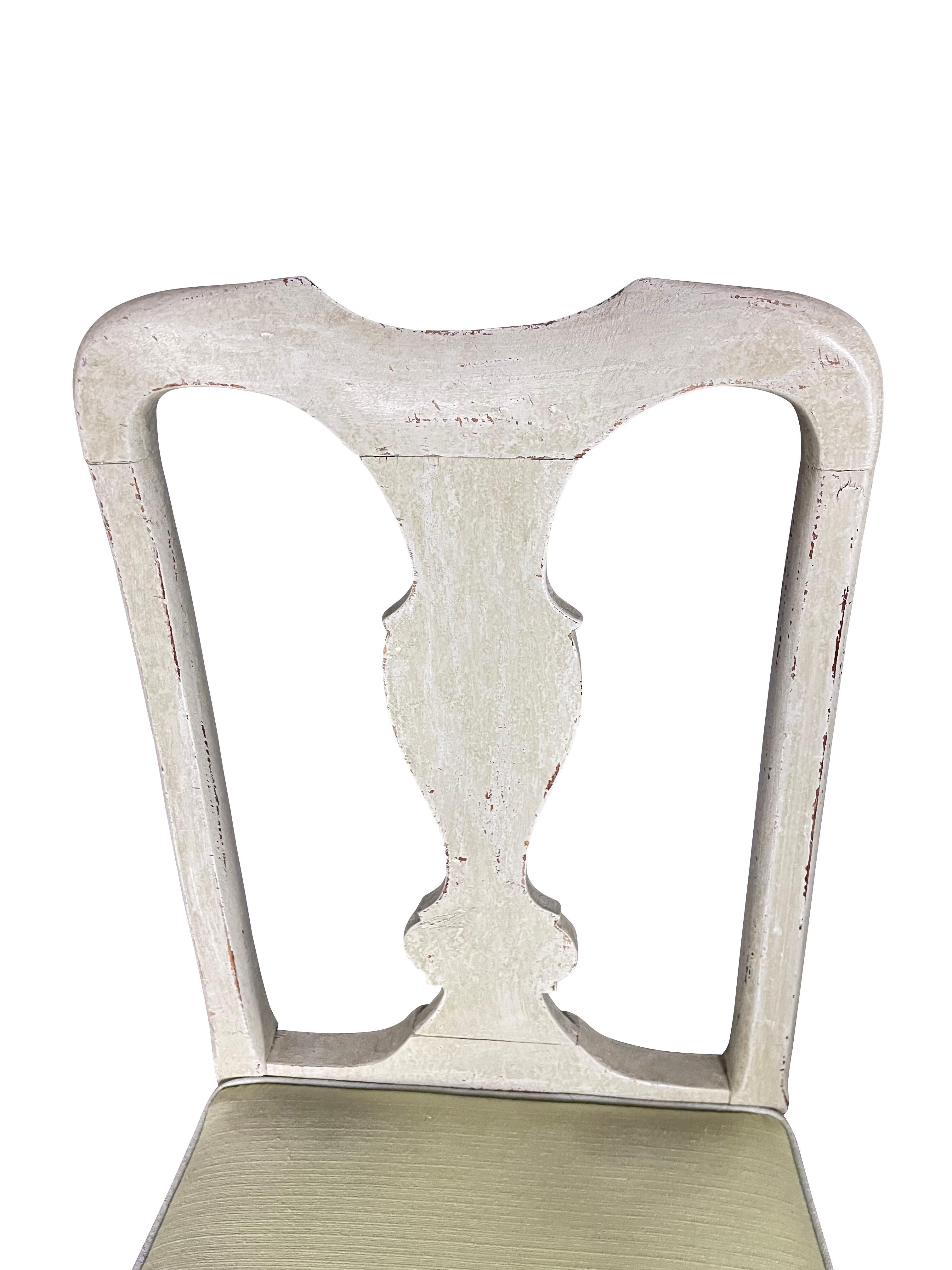 Swedish Set of Eight Queen Anne Style Pale Grey Lime Washed Dining Chairs For Sale