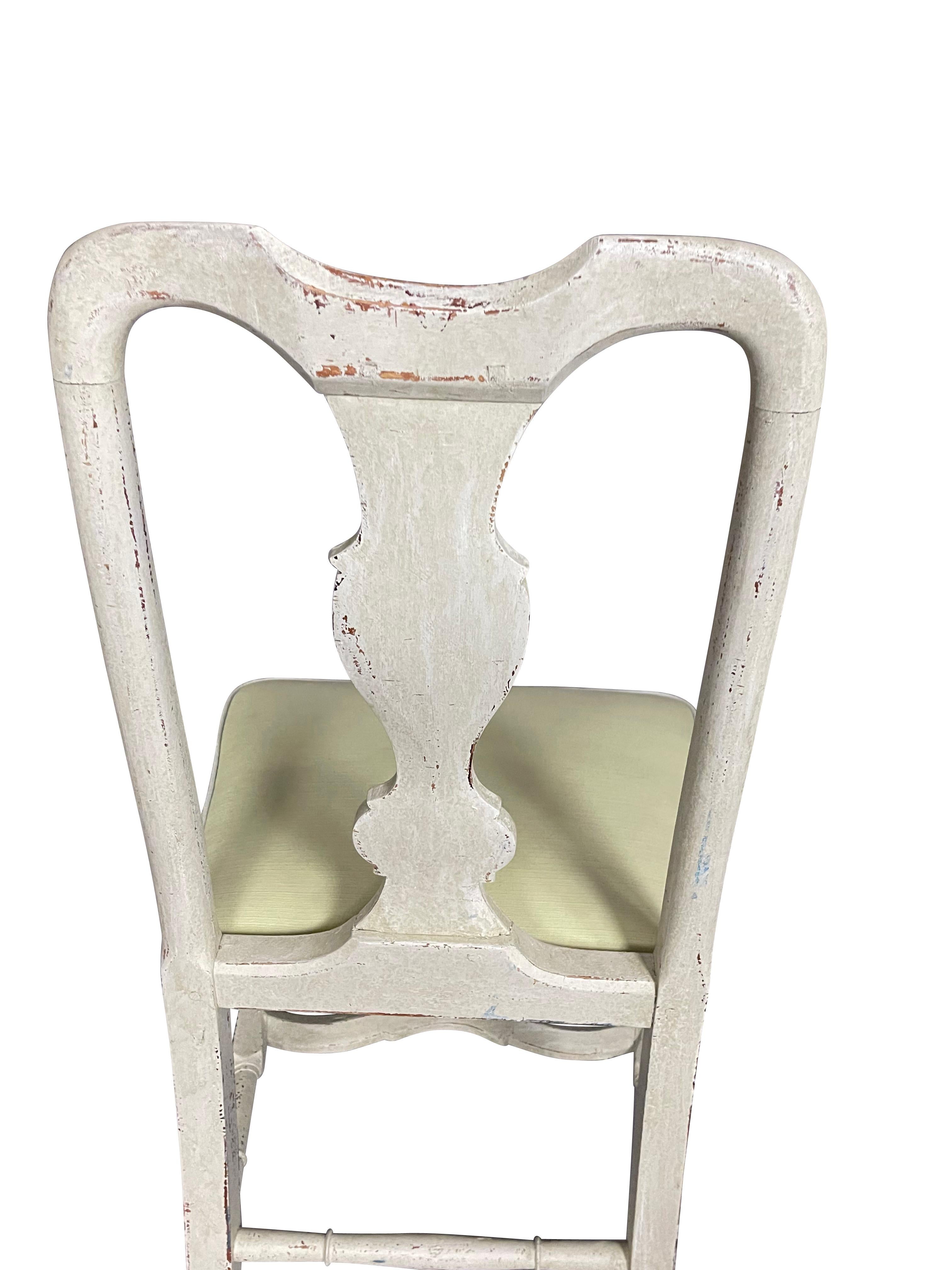 Wood Set of Eight Queen Anne Style Pale Grey Lime Washed Dining Chairs For Sale