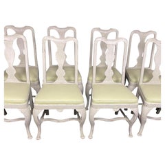 Set of Eight Queen Anne Style Pale Grey Lime Washed Dining Chairs