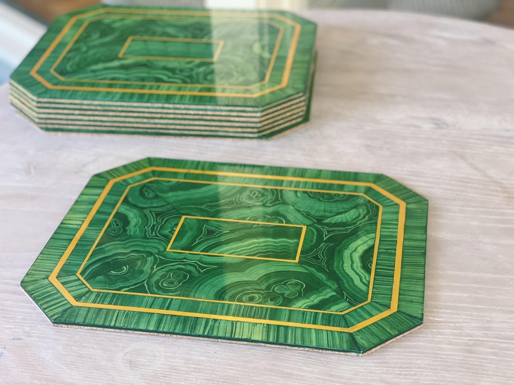 Set of Eight Rare Vintage Faux Malachite Placemats,  Hand-Painted Resin 9