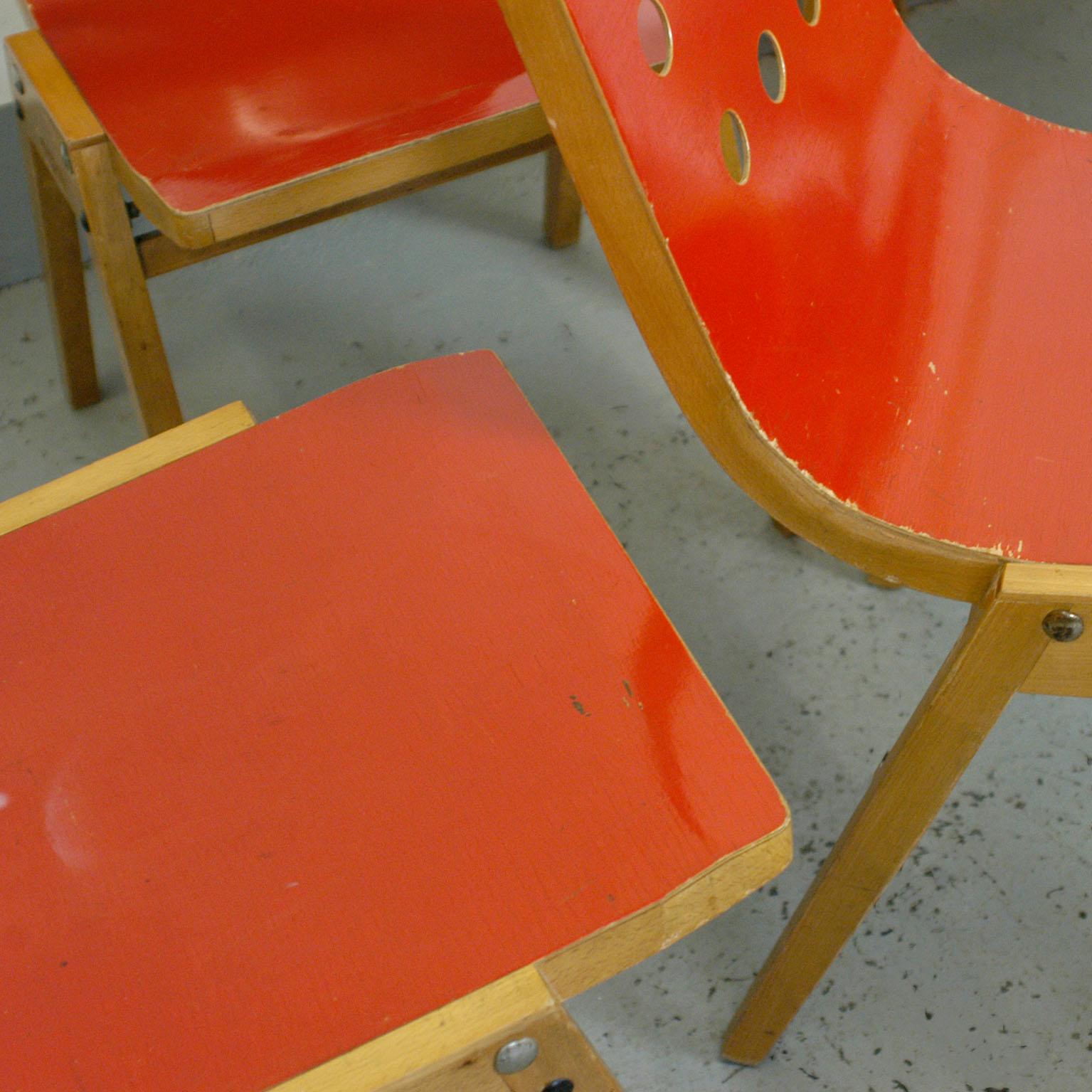 Set of Eight Red Austrian Midcentury Roland Rainer Stacking Chairs 4