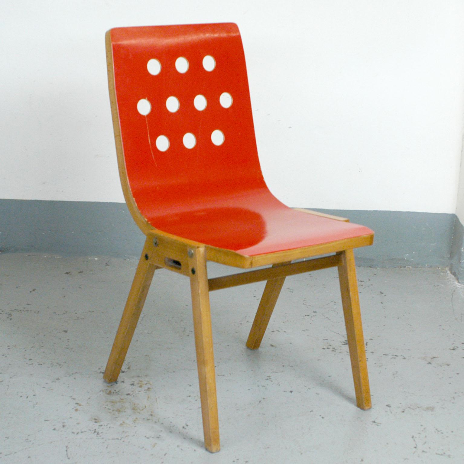 Mid-Century Modern Set of Eight Red Austrian Midcentury Roland Rainer Stacking Chairs
