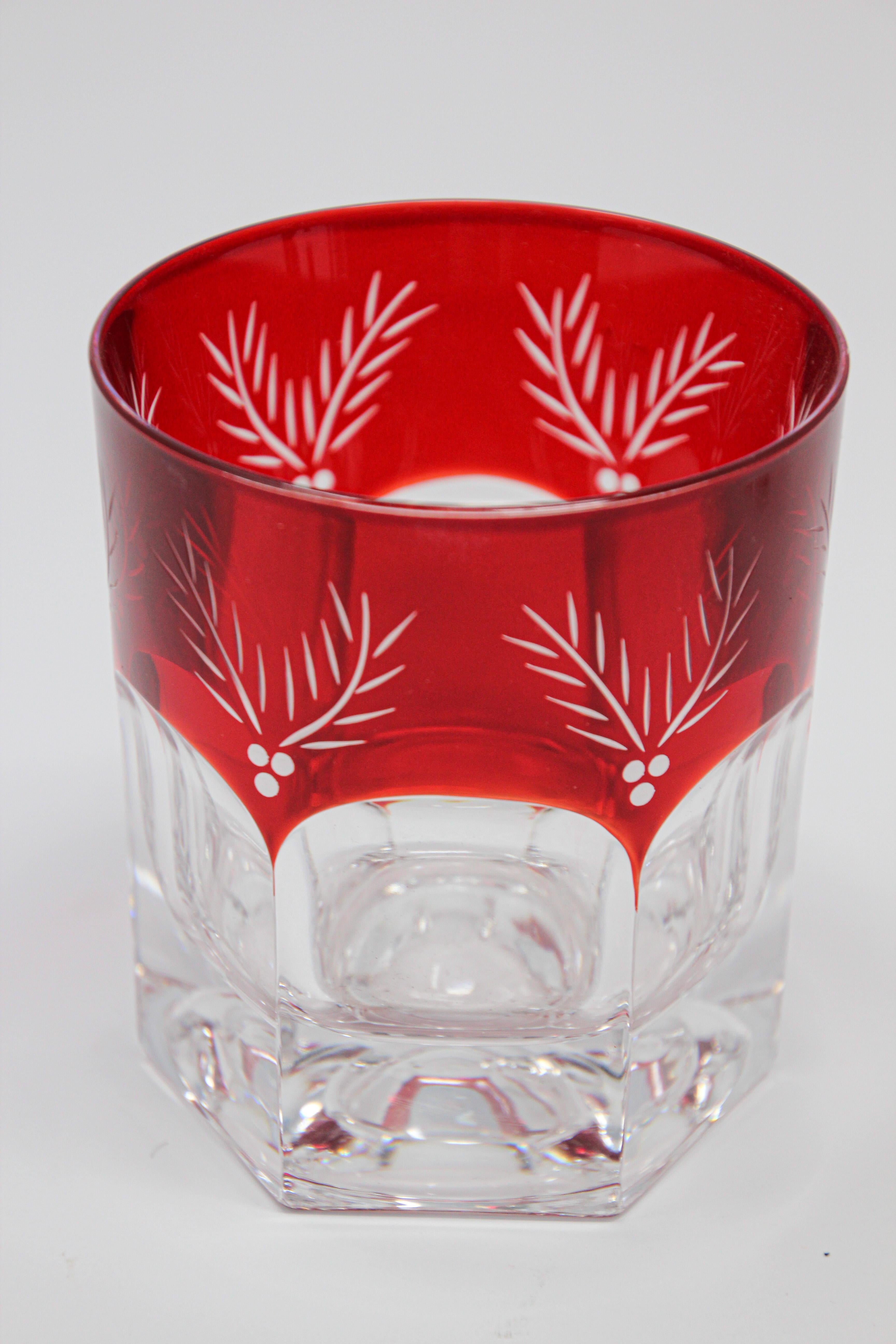 20th Century Set of Eight Red Cut Crystal Rocks' Cocktail Whiskey Glasses Tumbler