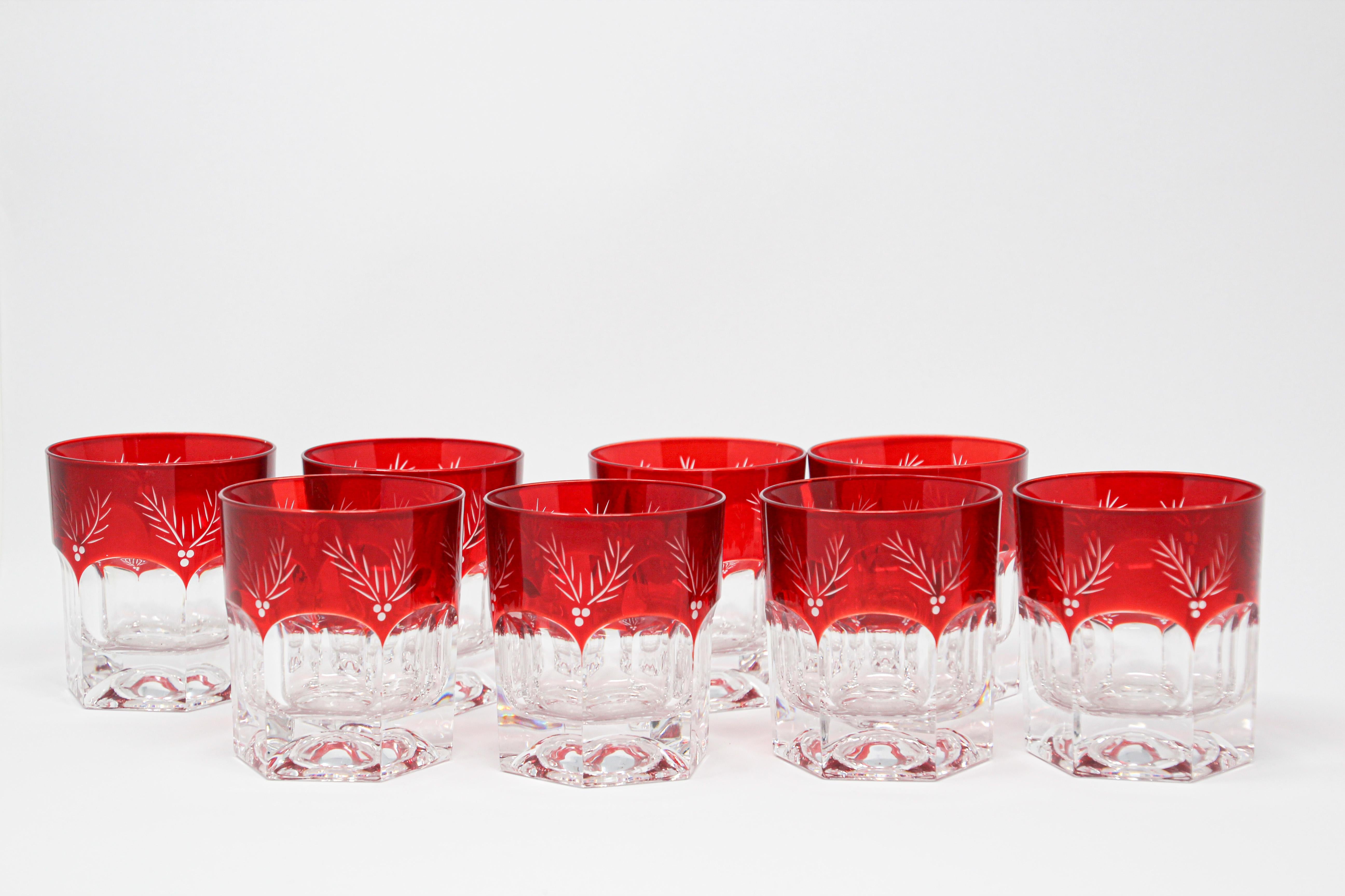 Set of Eight Red Cut Crystal Rocks' Cocktail Whiskey Glasses Tumbler 3