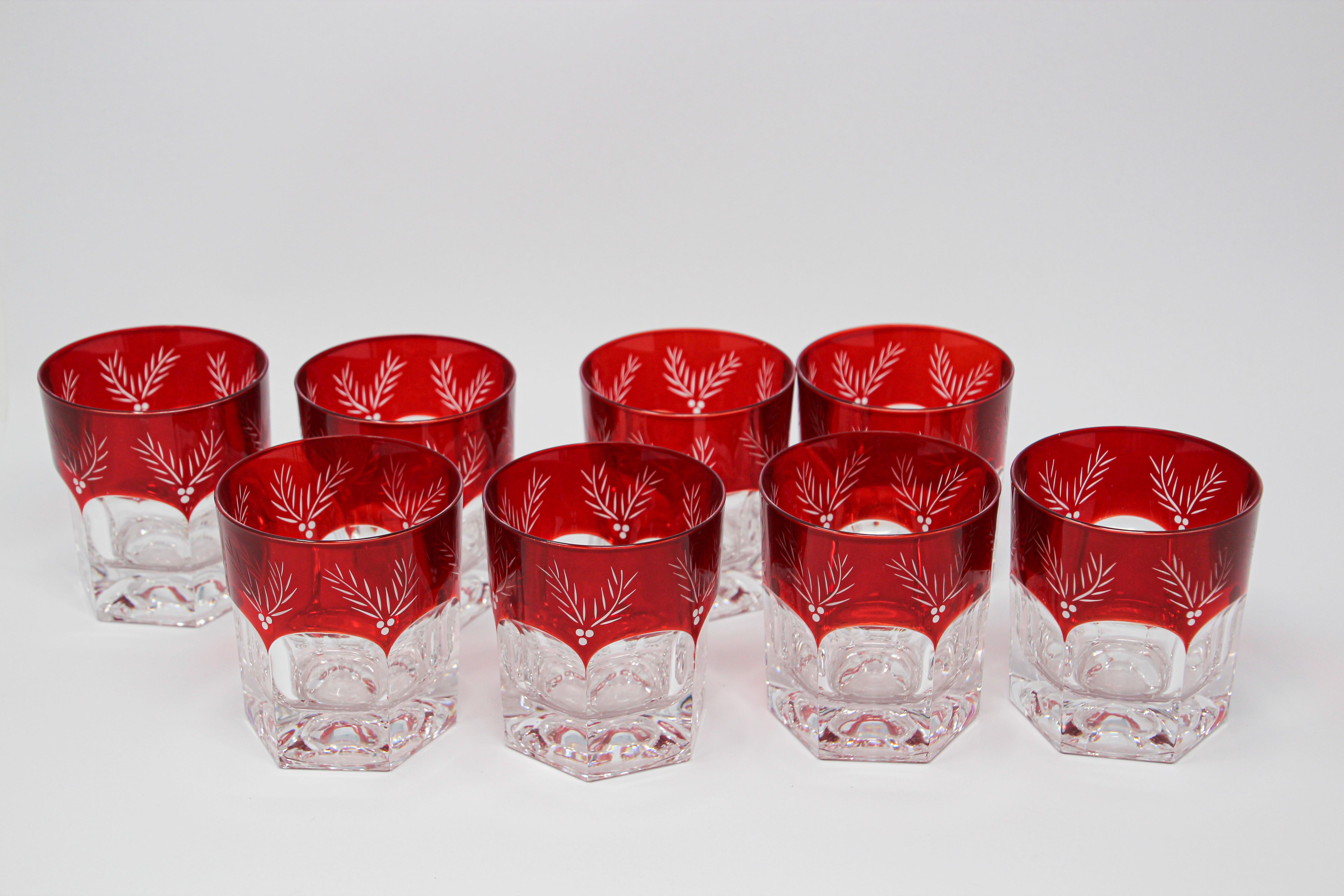 Set of Eight Red Cut Crystal Rocks' Cocktail Whiskey Glasses Tumbler 6