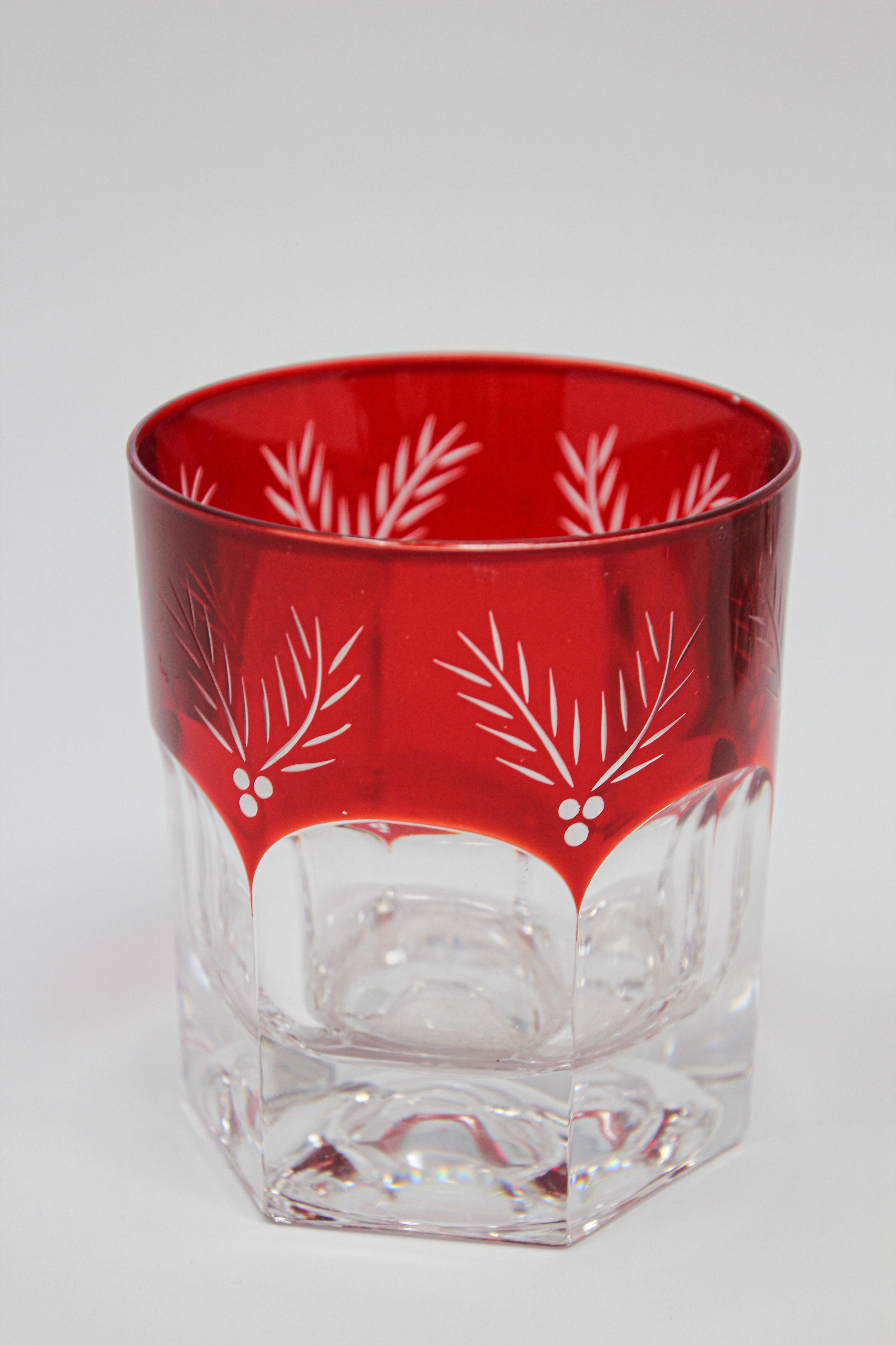 Art Nouveau Set of Eight Red Cut Crystal Rocks' Cocktail Whiskey Glasses Tumbler