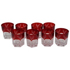Vintage Set of Eight Red Cut Crystal Rocks' Cocktail Whiskey Glasses Tumbler