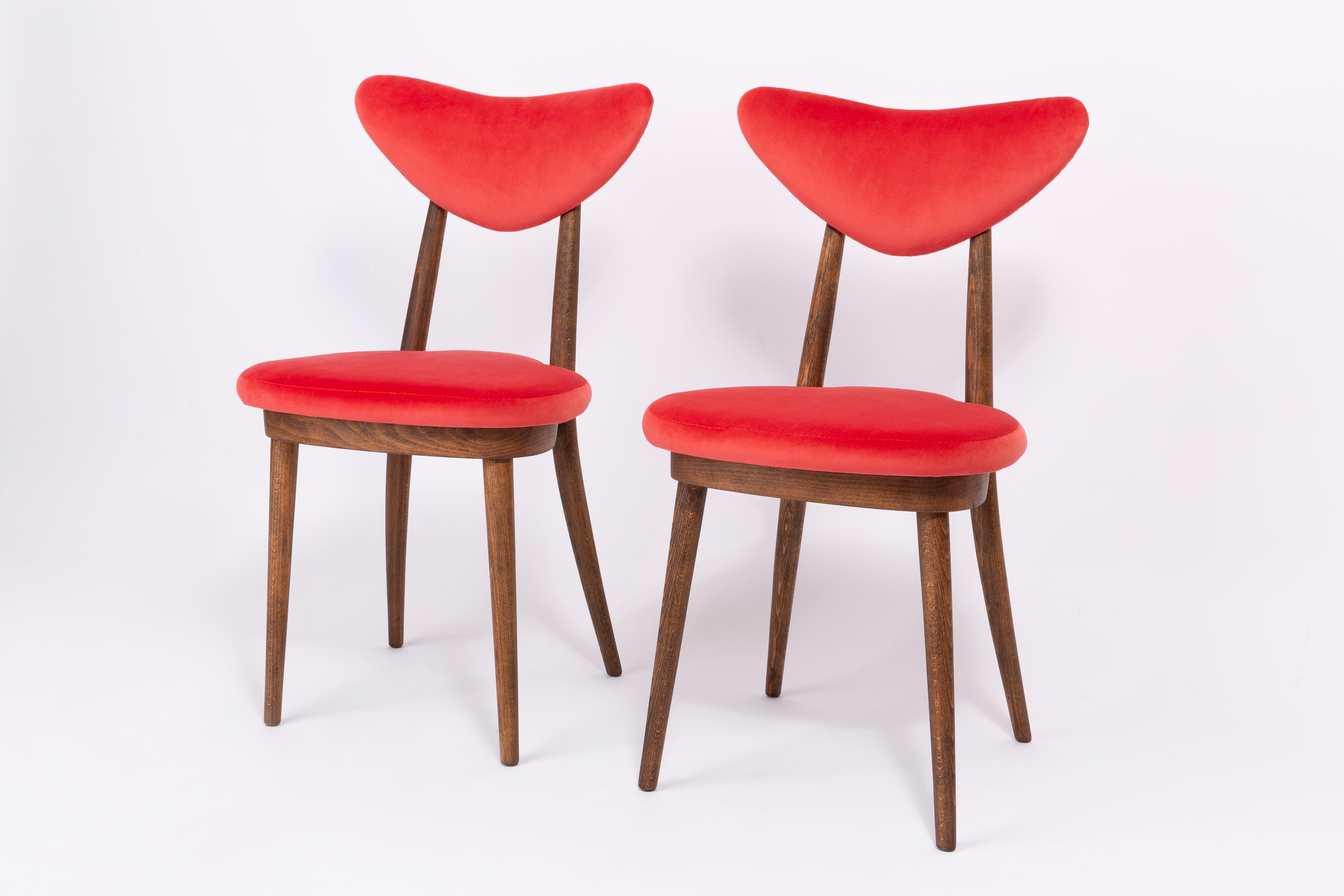 Hand-Crafted Set of Eight Red Heart Chairs, Poland, 1960s For Sale