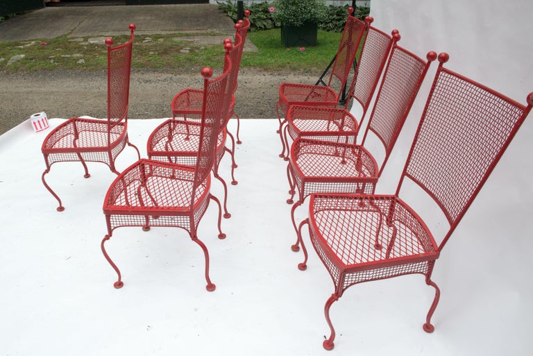 Set of Eight Red Mid Century Woodard Metal Dining Chairs For Sale 5