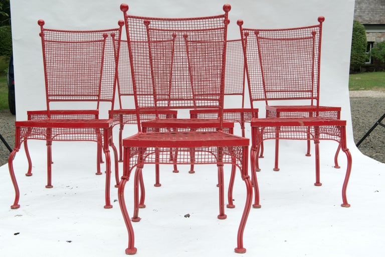 Mid-Century Modern Set of Eight Red Mid Century Woodard Metal Dining Chairs For Sale