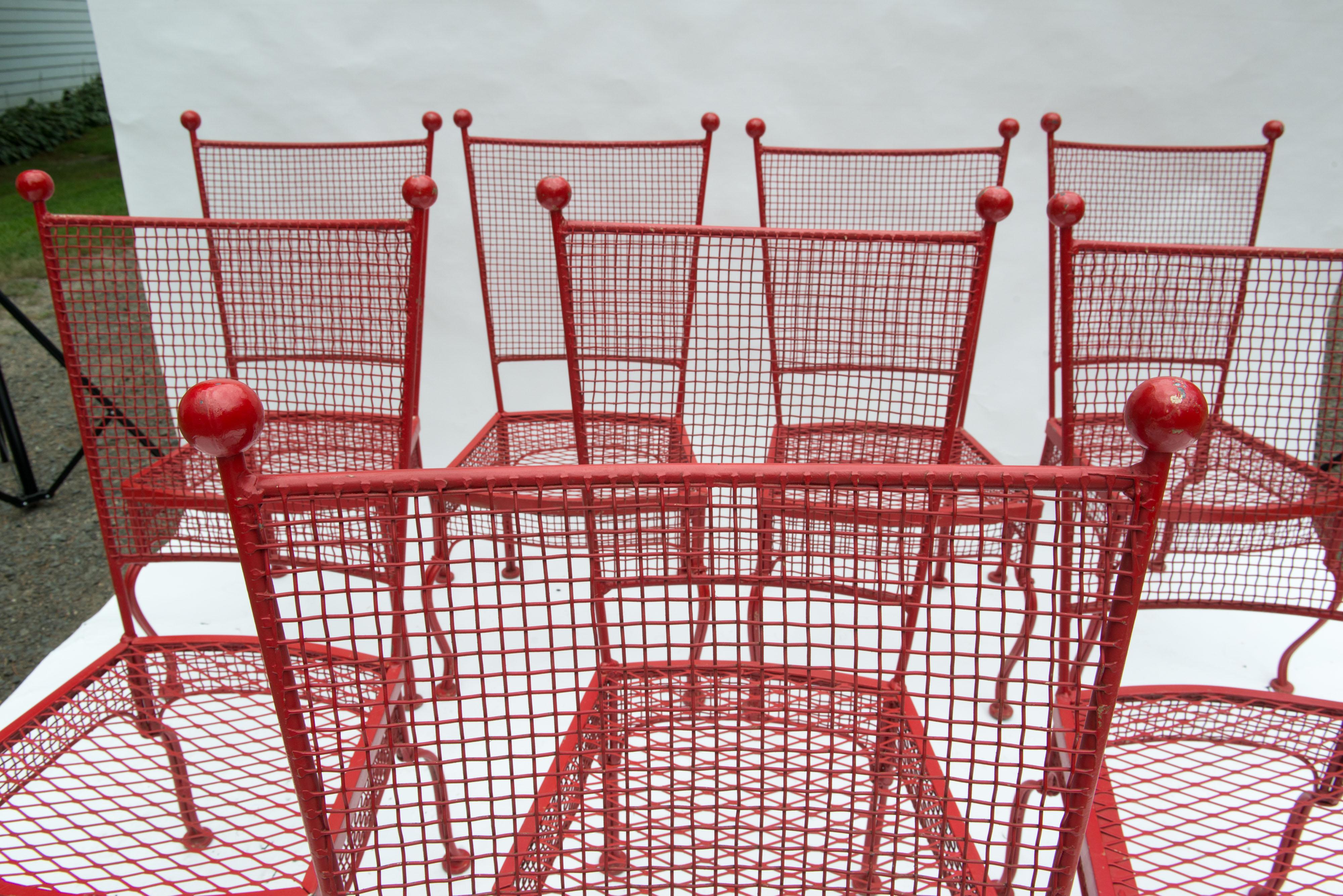 Set of Eight Red Mid Century Woodard Metal Dining Chairs In Good Condition For Sale In Stamford, CT