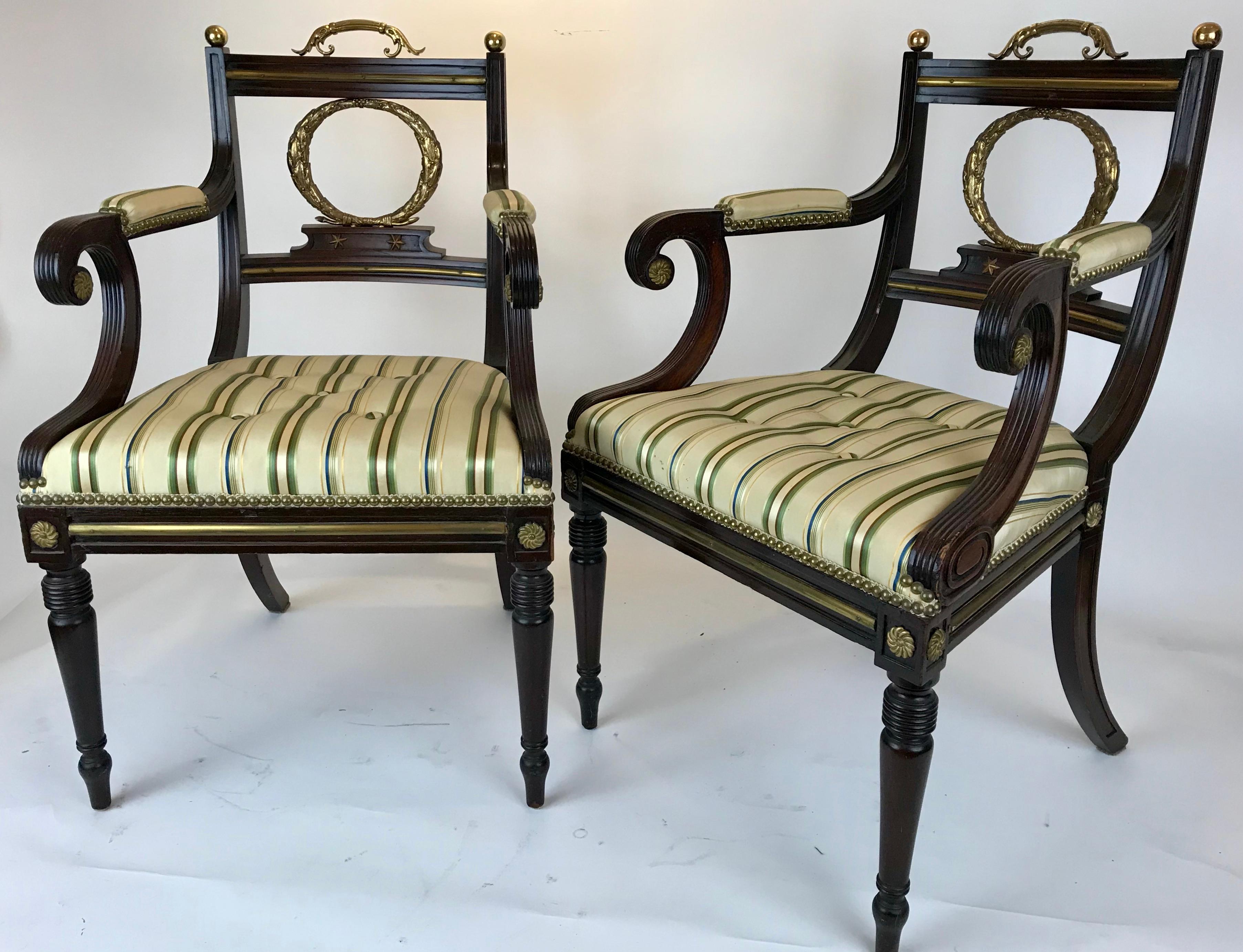 Set of Eight Regency Bronze Mounted Mahogany Dining Chairs In Good Condition For Sale In Pittsburgh, PA