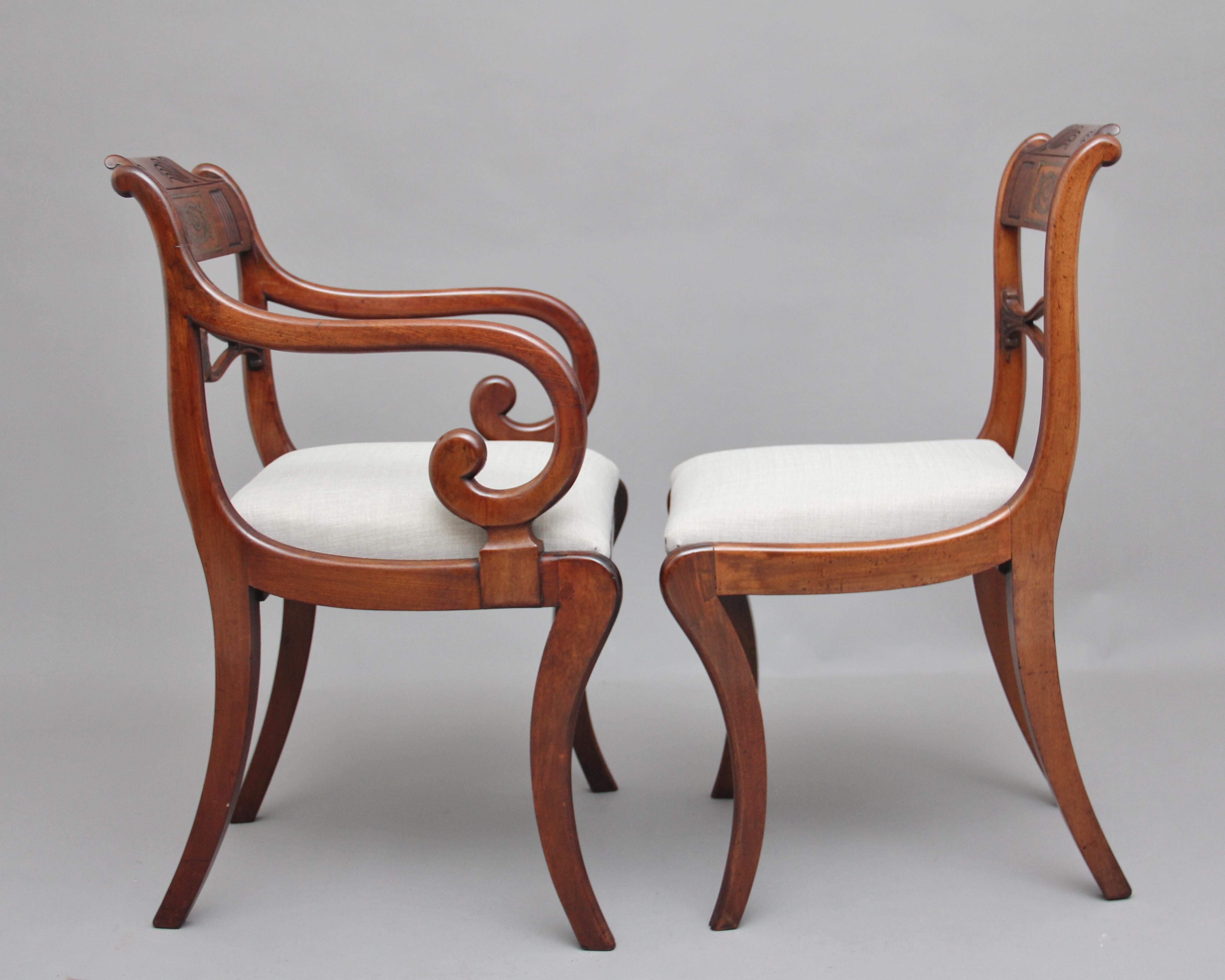 Early 19th Century Set of Eight Regency Mahogany and Brass Inlaid Dining Chairs