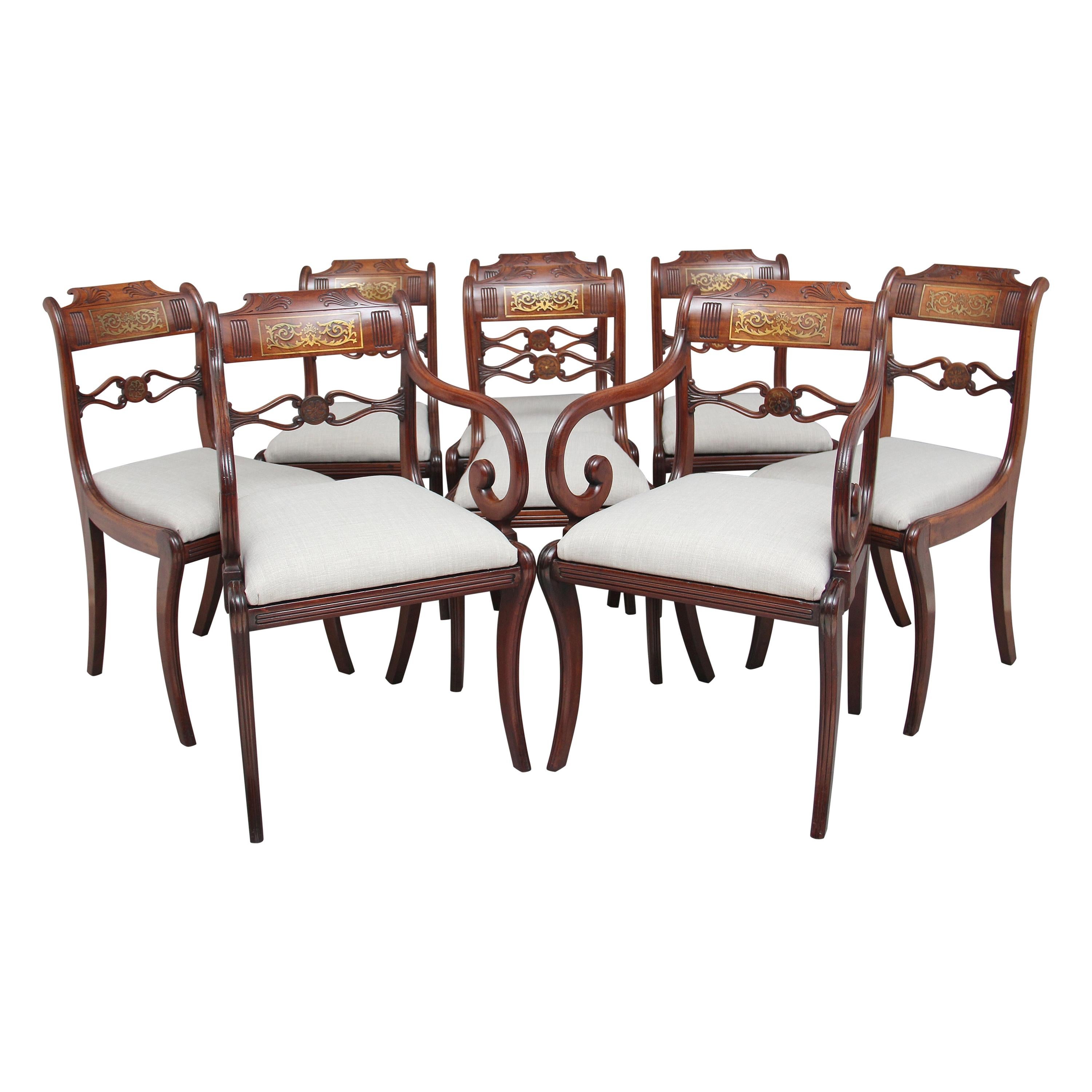 Set of Eight Regency Mahogany and Brass Inlaid Dining Chairs