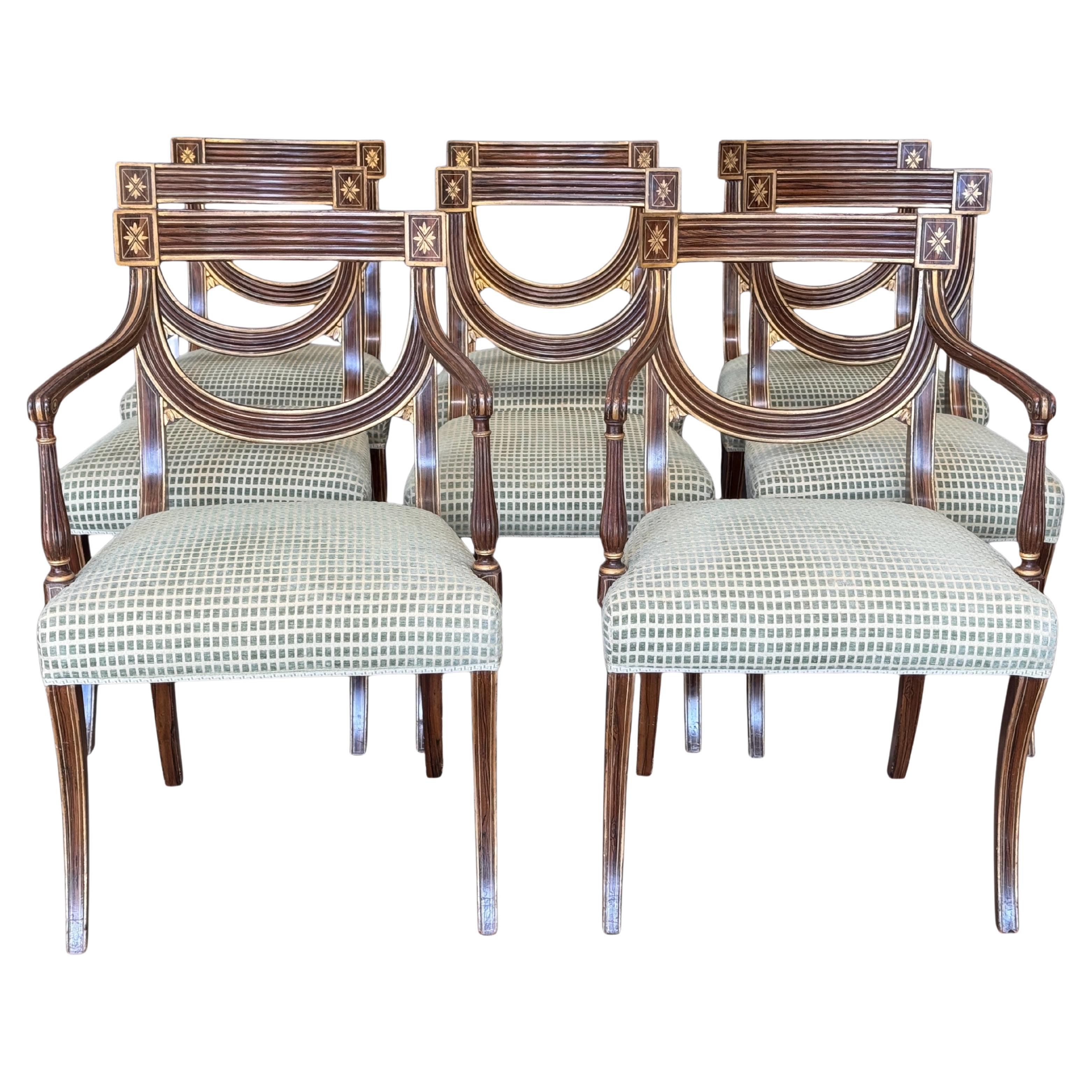 Set of Eight Regency Style Faux Rosewood and Gilt Dining Chairs For Sale