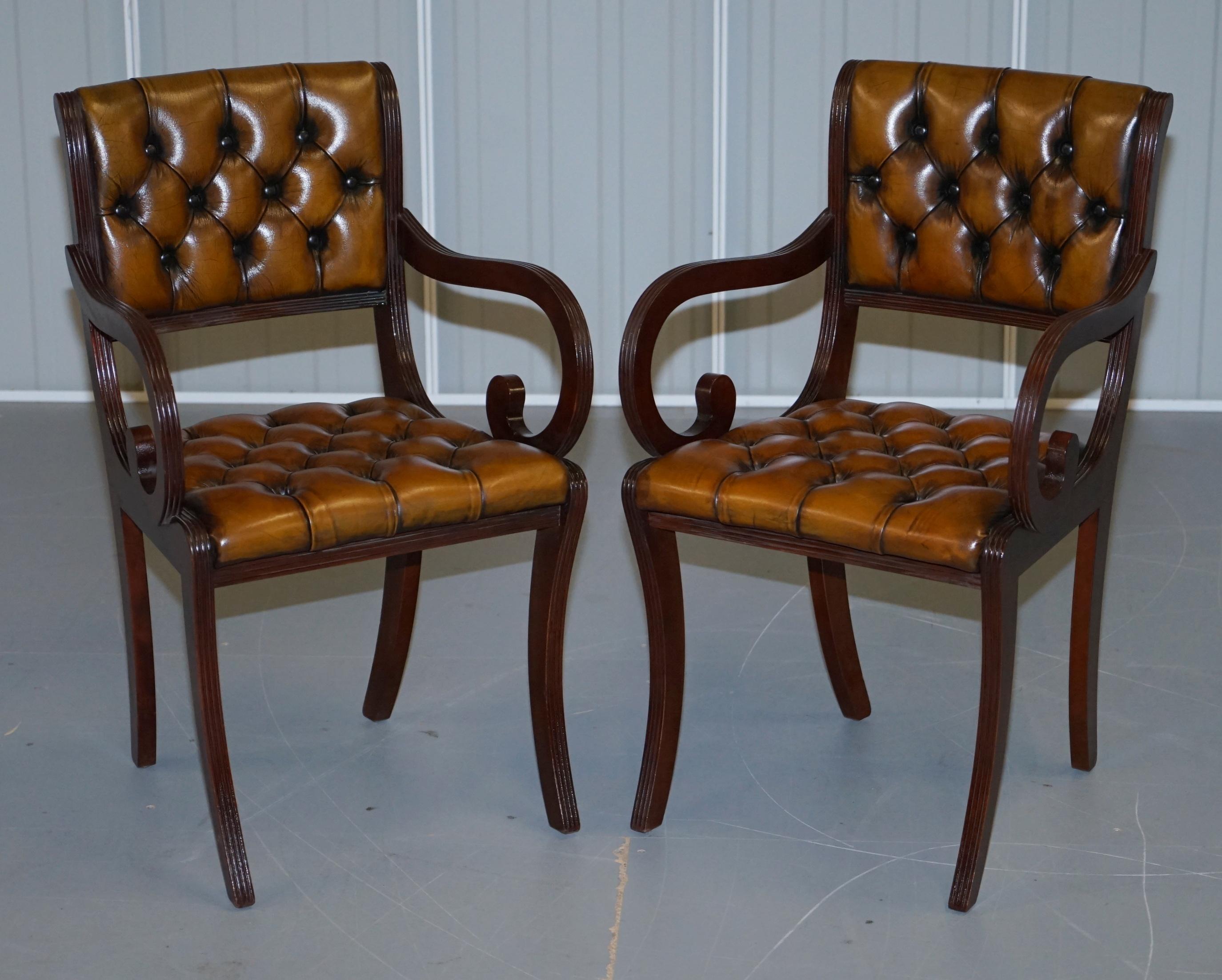 Set of Eight Restored Vintage Chesterfield Hardwood Brown Leather Dining Chairs 2