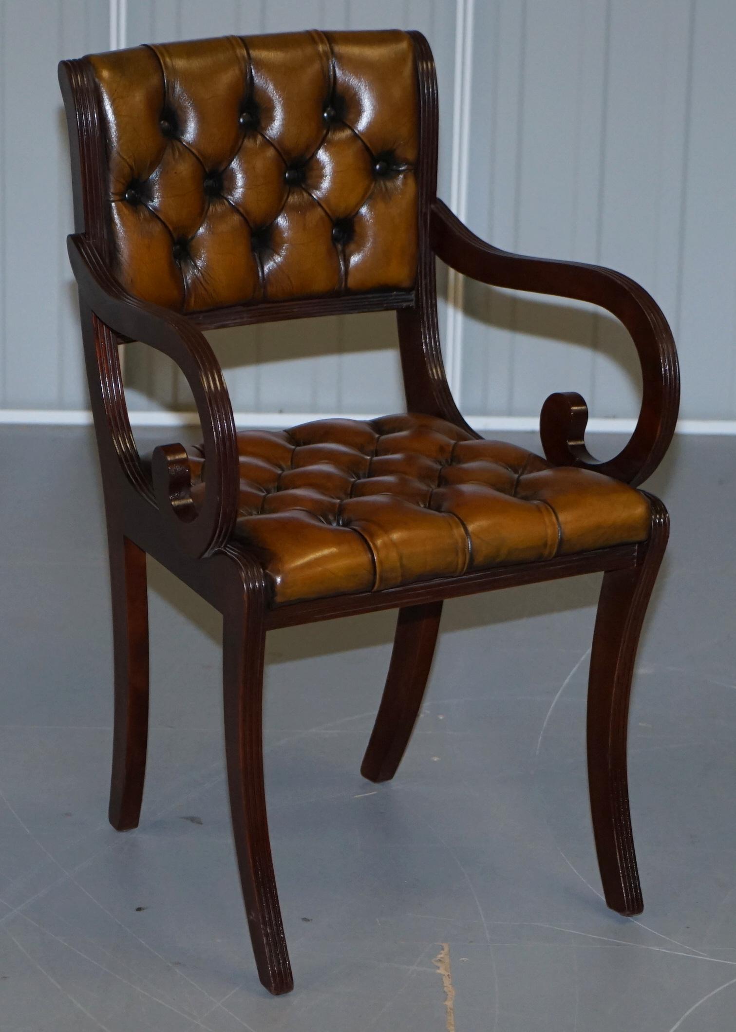 Set of Eight Restored Vintage Chesterfield Hardwood Brown Leather Dining Chairs 3