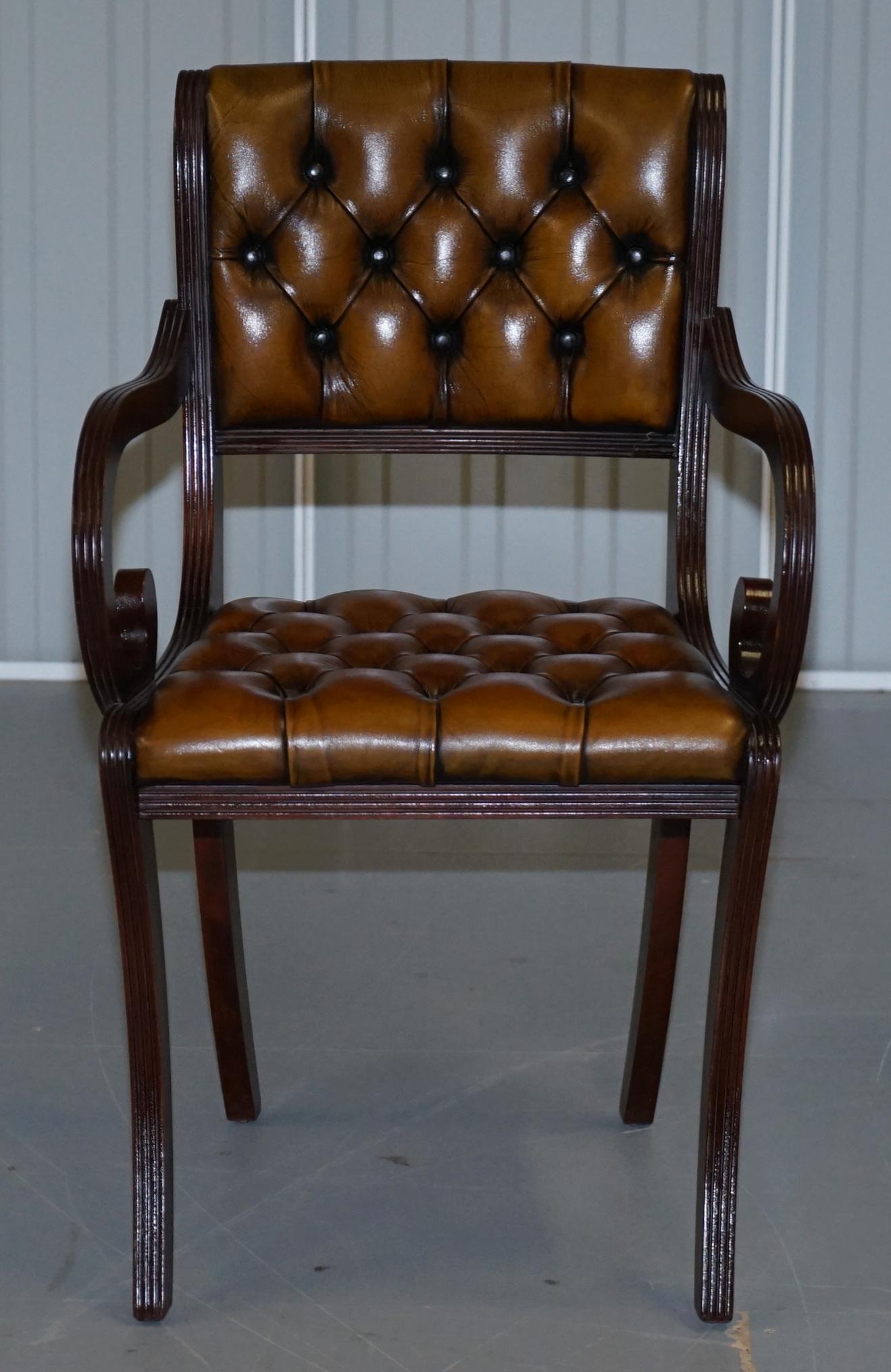 Set of Eight Restored Vintage Chesterfield Hardwood Brown Leather Dining Chairs 4