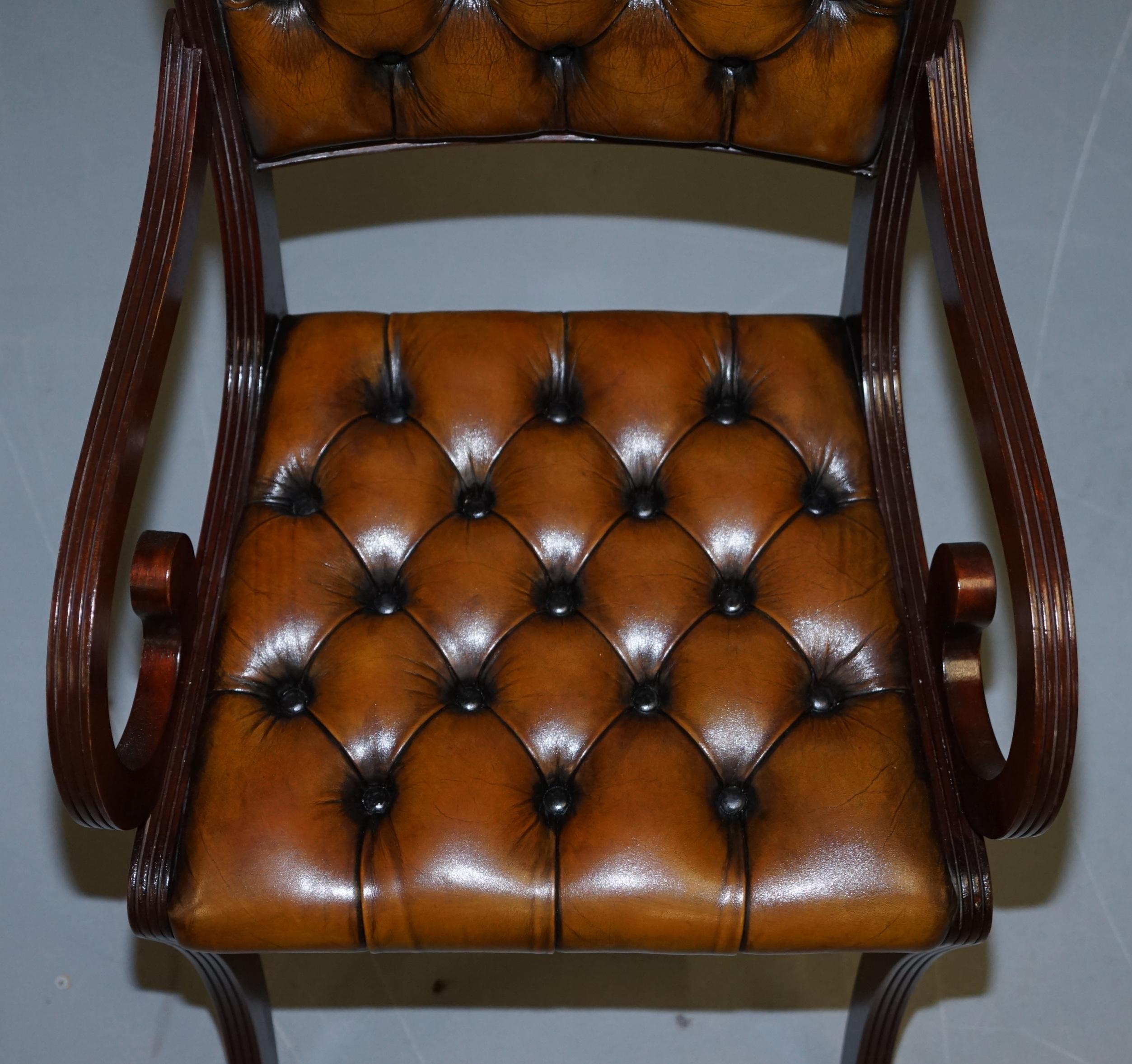 Set of Eight Restored Vintage Chesterfield Hardwood Brown Leather Dining Chairs 6