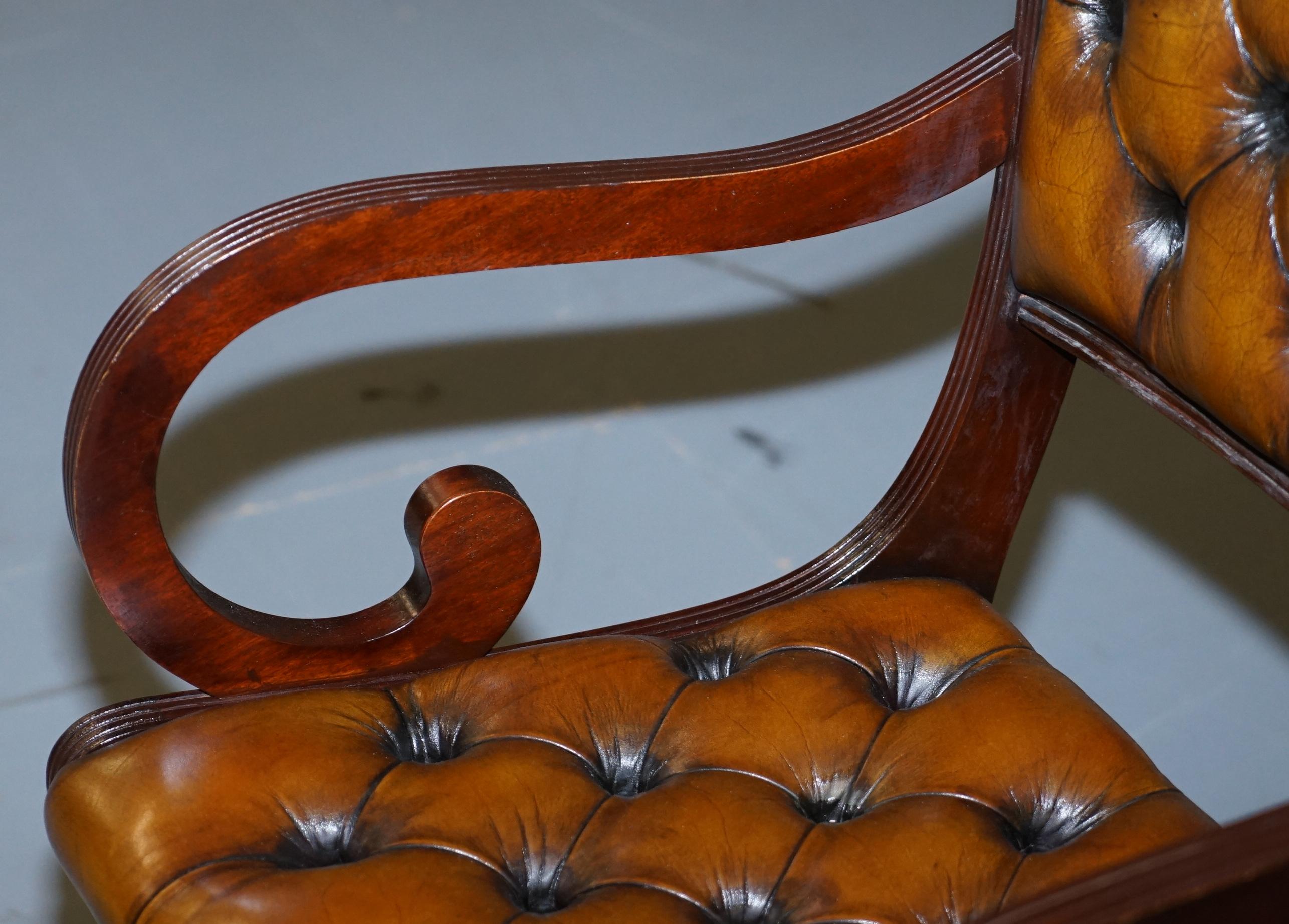 Set of Eight Restored Vintage Chesterfield Hardwood Brown Leather Dining Chairs 7