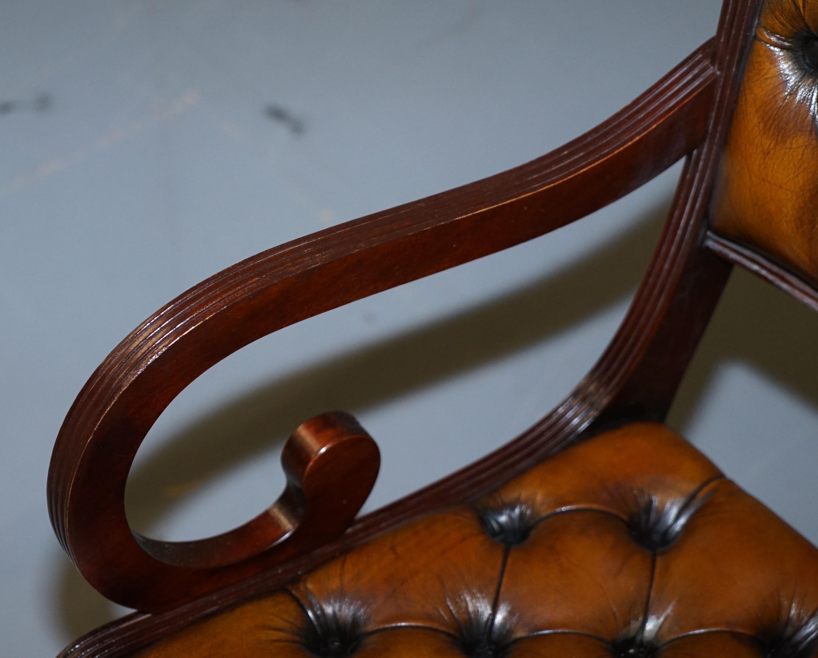 Set of Eight Restored Vintage Chesterfield Hardwood Brown Leather Dining Chairs 8