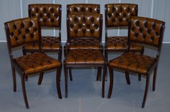 Set of Eight Restored Vintage Chesterfield Hardwood Brown Leather Dining Chairs