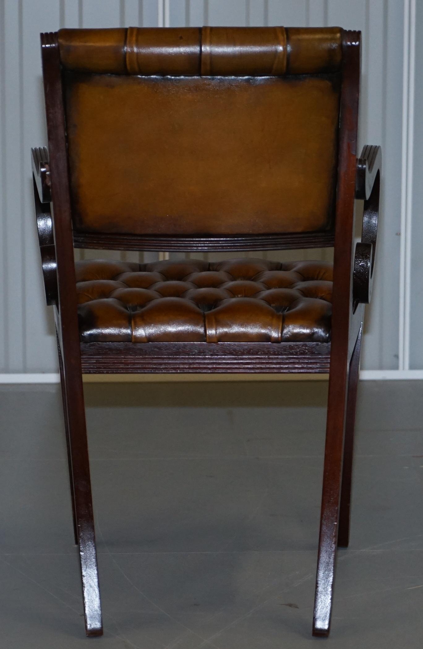 Set of Eight Restored Vintage Chesterfield Hardwood Brown Leather Dining Chairs 11
