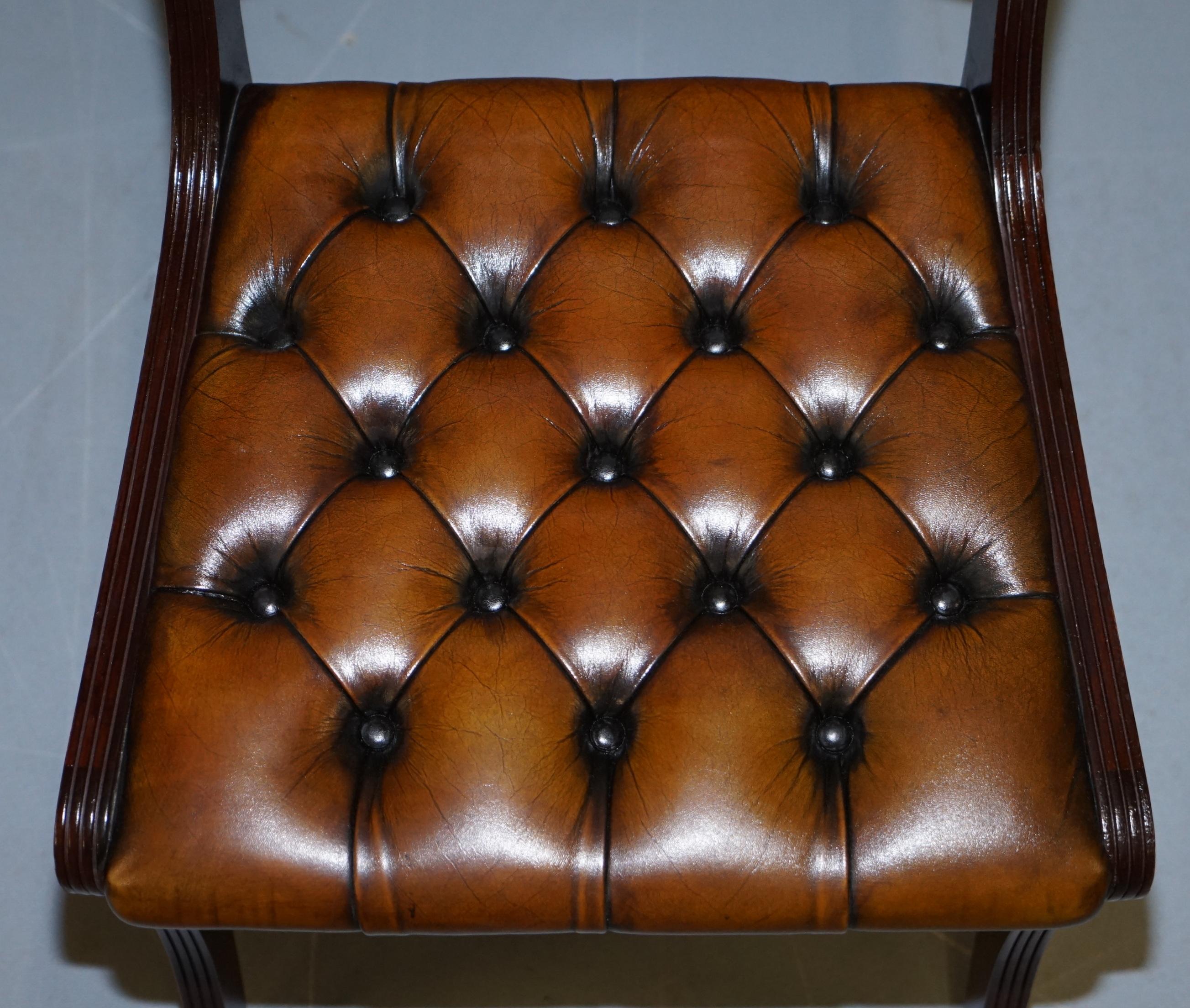 Regency Set of Eight Restored Vintage Chesterfield Hardwood Brown Leather Dining Chairs