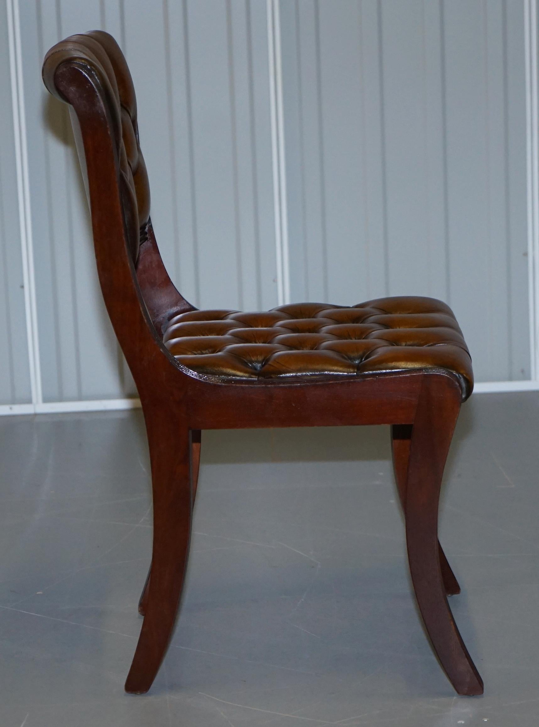 English Set of Eight Restored Vintage Chesterfield Hardwood Brown Leather Dining Chairs