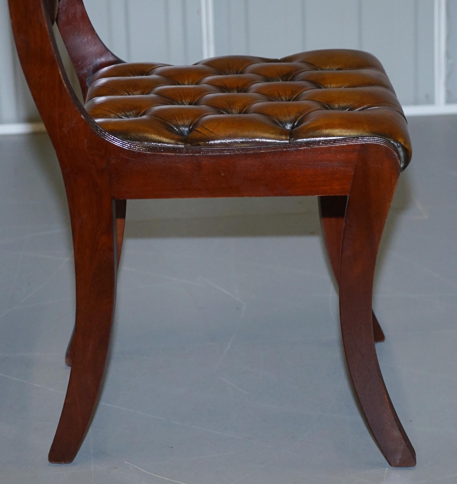 Hand-Carved Set of Eight Restored Vintage Chesterfield Hardwood Brown Leather Dining Chairs
