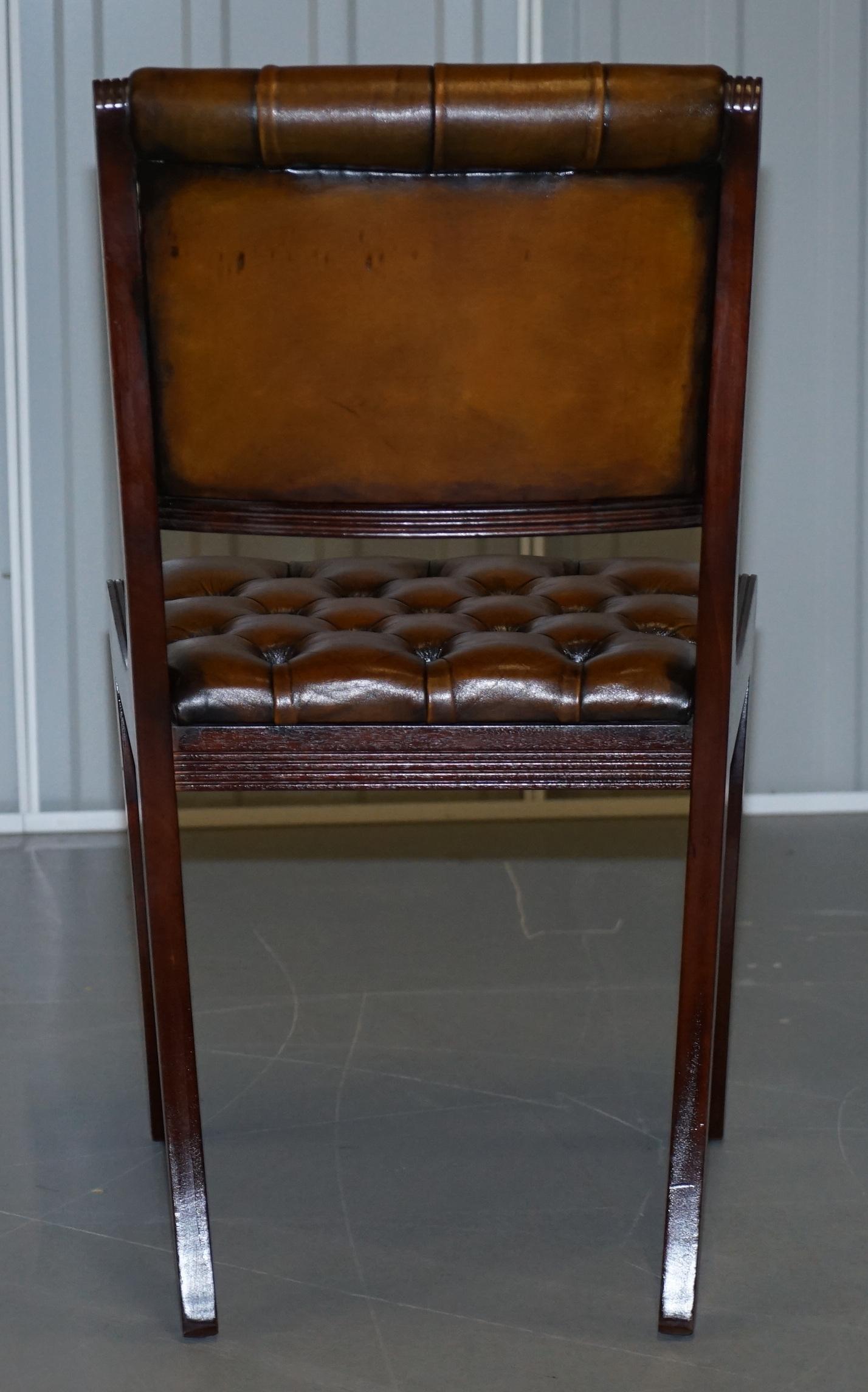 20th Century Set of Eight Restored Vintage Chesterfield Hardwood Brown Leather Dining Chairs