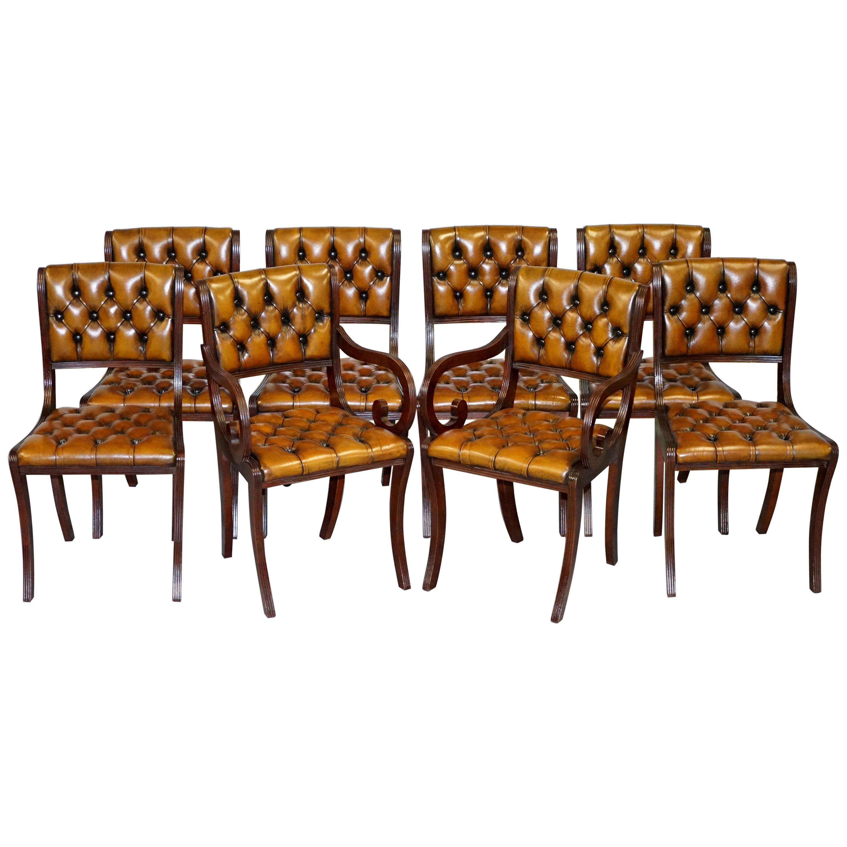Set Of Eight Red Vintage, Brown Leather Dinning Chairs