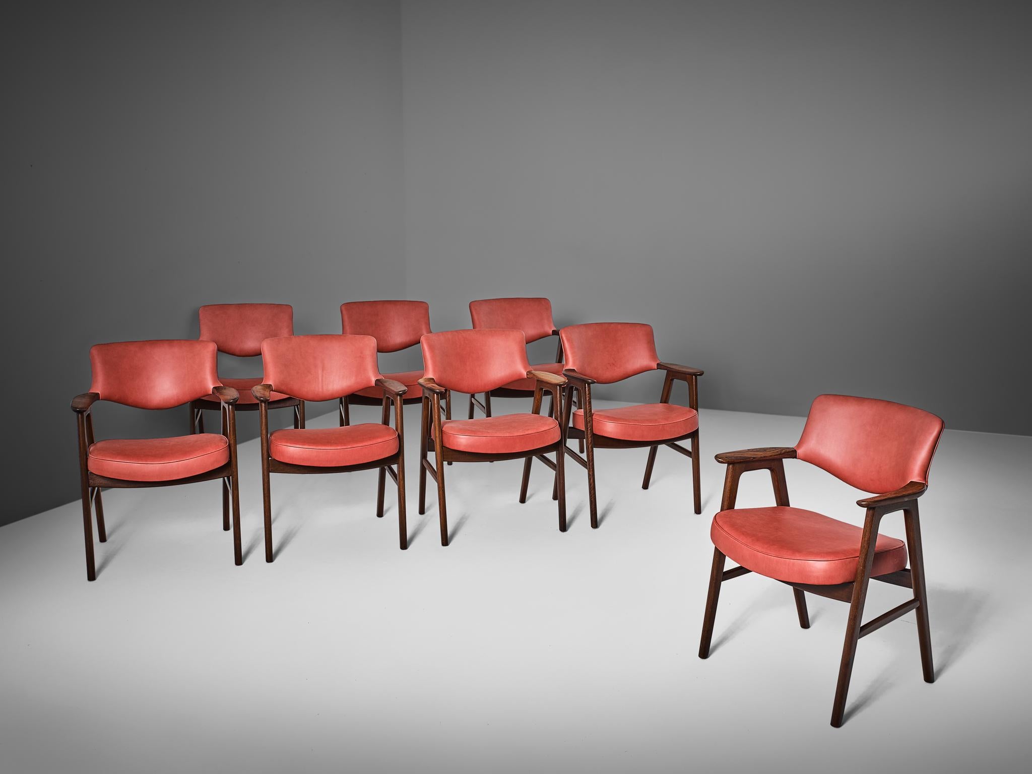 Set of eight armchairs, in rosewood and leather, Denmark, circa 1952.

Very comfortable dining chairs, due to well-shaped armrests and ergonomic proportions of the back and seat. The sculptural back is very attractive, as the beautifully curved