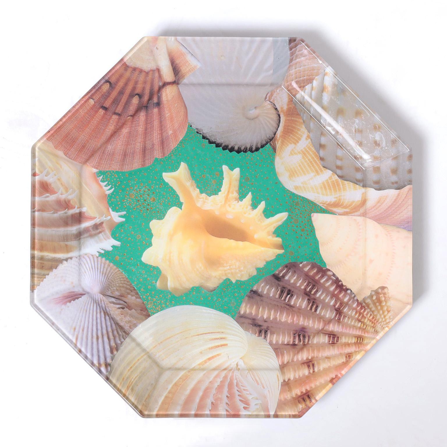 Mid-Century Modern Set of Eight Reverse Decoupage Seashell Glass Plates by Pablo Manzoni For Sale