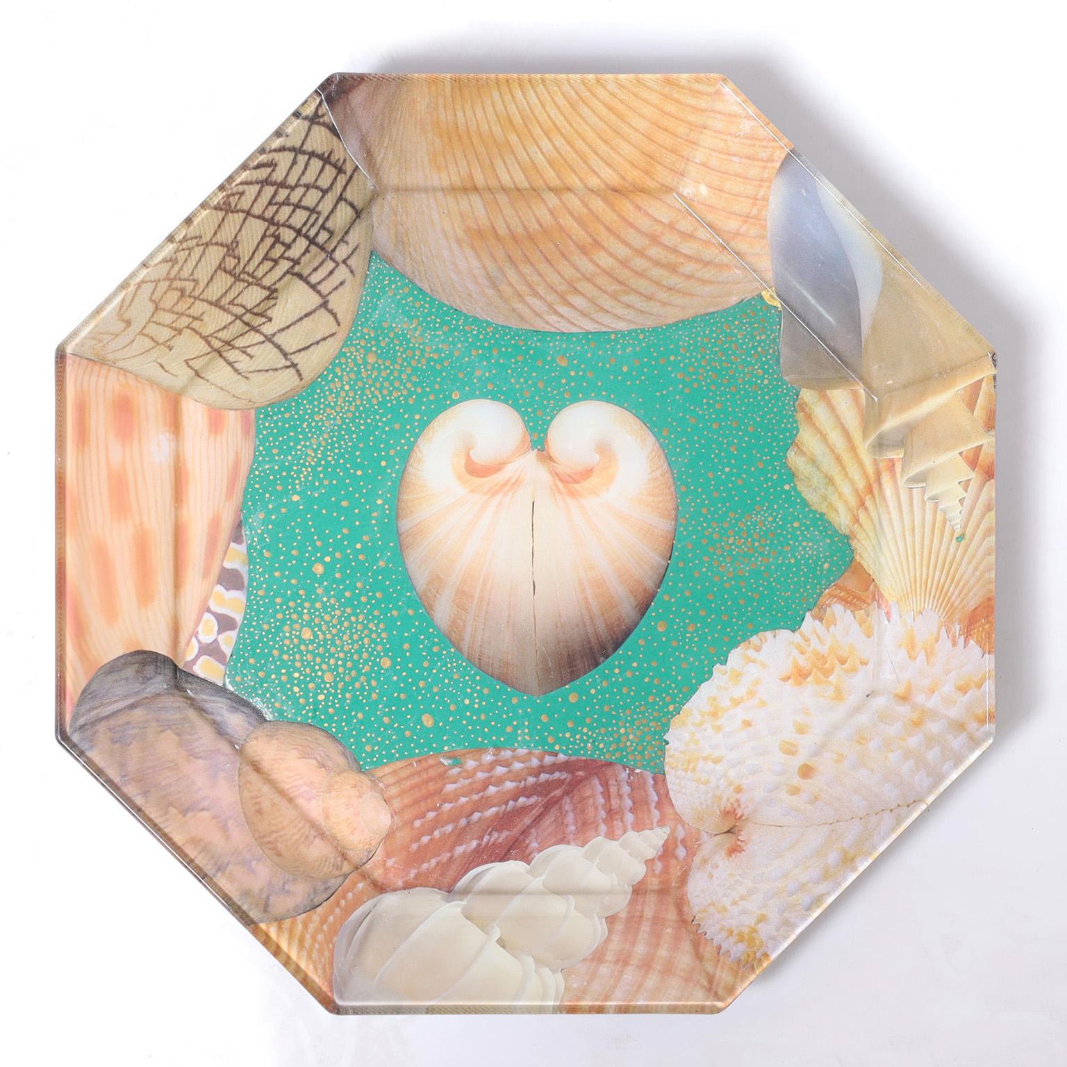 American Set of Eight Reverse Decoupage Seashell Glass Plates by Pablo Manzoni For Sale