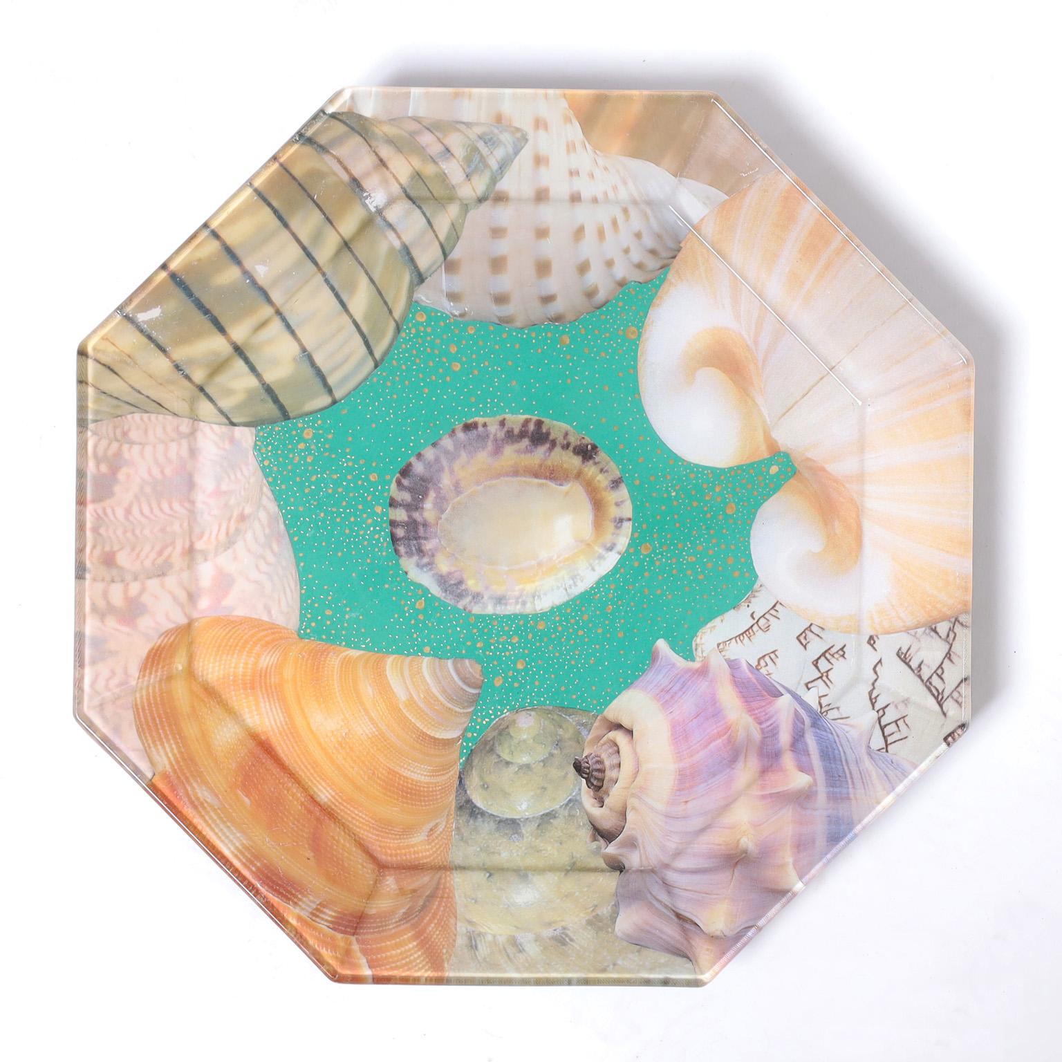 20th Century Set of Eight Reverse Decoupage Seashell Glass Plates by Pablo Manzoni For Sale