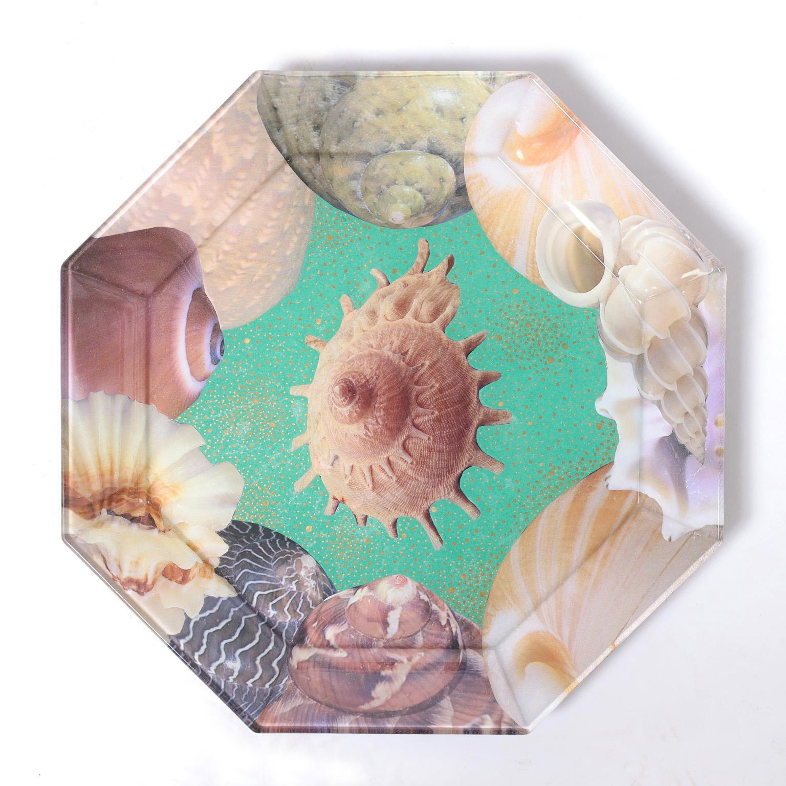 Set of Eight Reverse Decoupage Seashell Glass Plates by Pablo Manzoni For Sale 1